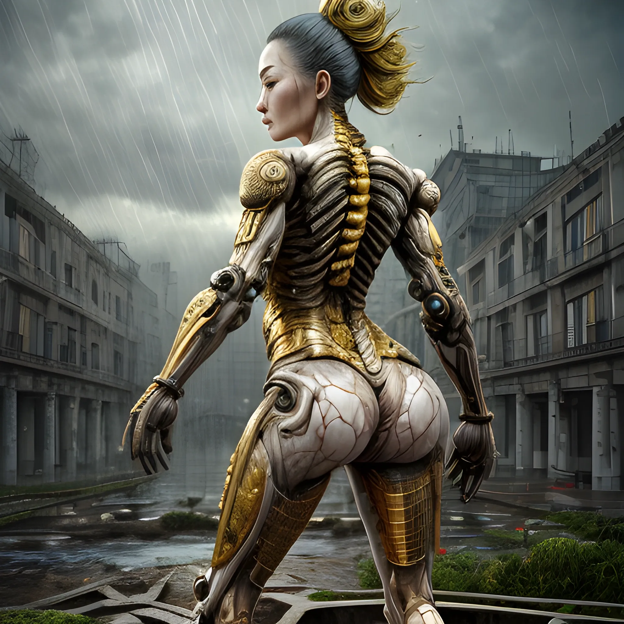 Manabu Ikeda inspired realistic whole body photo of a aged and spanish half-female half-nuclear princess posing on a rainy ruins ready for a battle. Her skin is made of gold. The camera angle is a wide. Her legs are visible. Hyper realistic, sharpen details, detailed skin, sharpened eyes, cinematic, intricate details, (gorgeous face:1. 2), masterpiece, full-backside angle, dystopian, microscopic, night, high quality, detailed, masterpiece, best quality, highres, extremely detailed, (8k), radioactive,