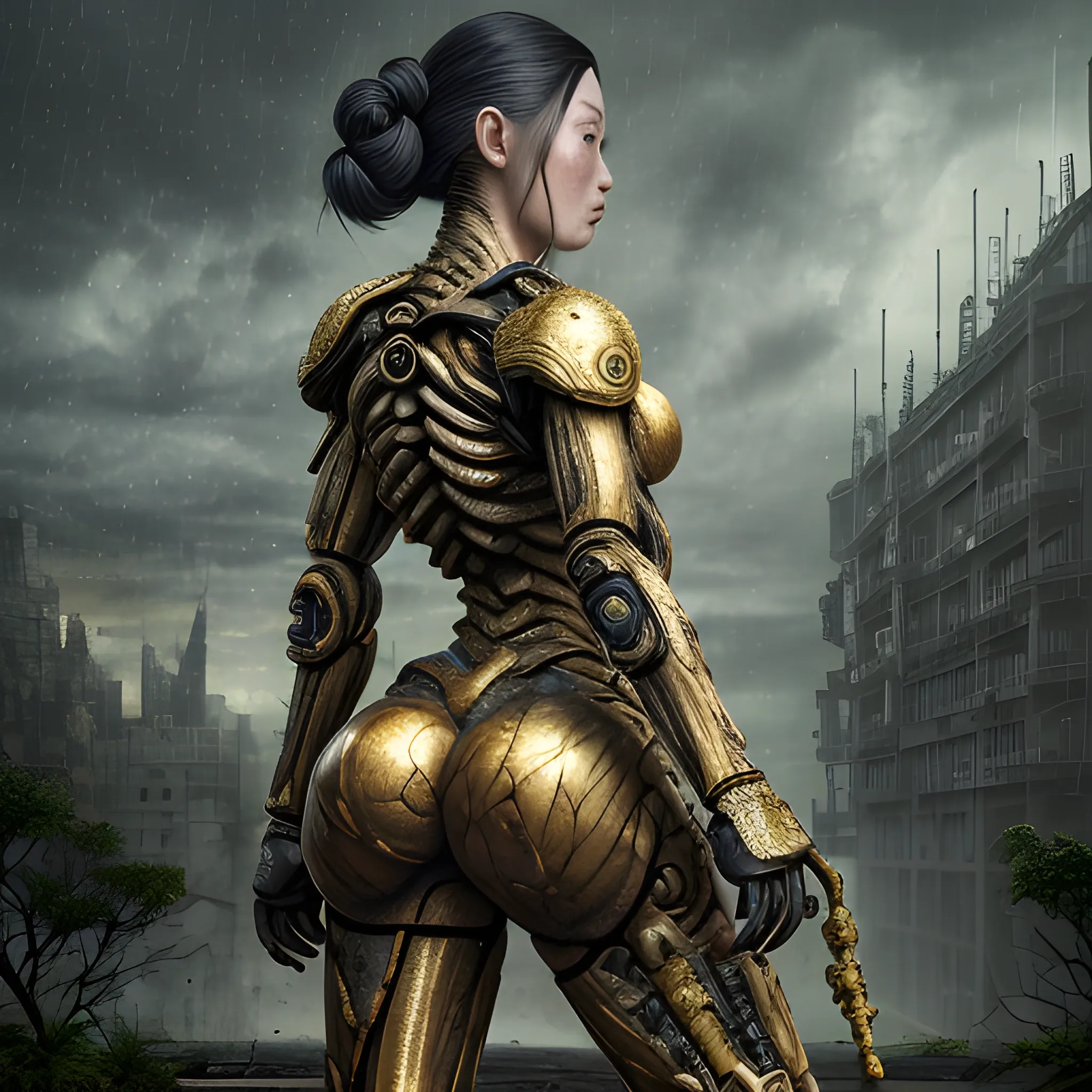 Manabu Ikeda inspired realistic whole body photo of a aged and spanish half-female half-nuclear princess posing on a rainy ruins ready for a battle. Her skin is made of gold. The camera angle is a wide. Her legs are visible. Hyper realistic, sharpen details, detailed skin, sharpened eyes, cinematic, intricate details, (gorgeous face:1. 2), masterpiece, full-backside angle, dystopian, microscopic, night, high quality, detailed, masterpiece, best quality, highres, extremely detailed, (8k), radioactive,