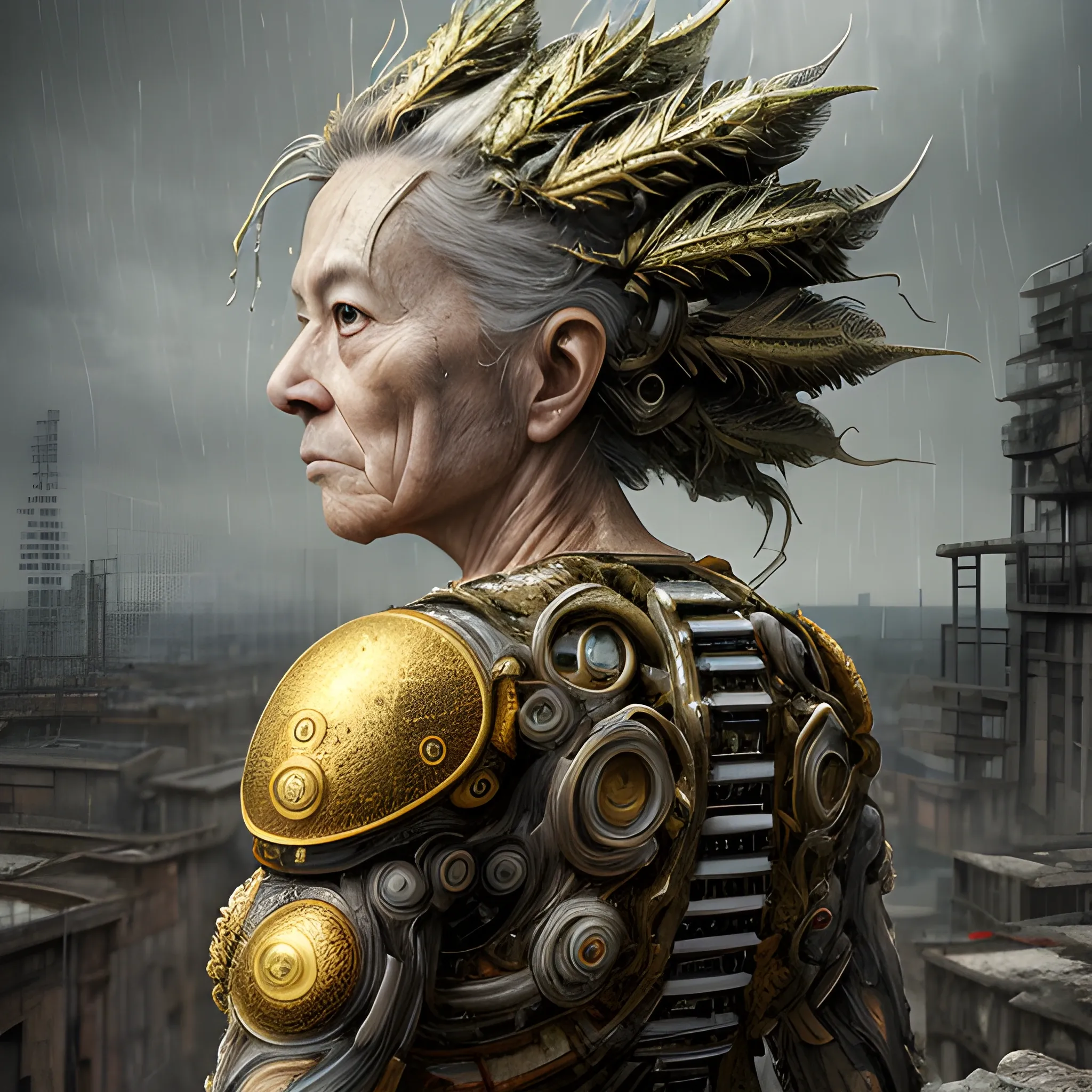 Manabu Ikeda inspired realistic whole body photo of a aged and spanish half-female half-nuclear princess posing on a rainy ruins ready for a battle. Her skin is made of gold. The camera angle is a wide. Her legs are visible. Hyper realistic, sharpen details, detailed skin, sharpened eyes, cinematic, intricate details, (gorgeous face:1. 2), masterpiece, full-backside angle, dystopian, microscopic, night, high quality, detailed, masterpiece, best quality, highres, extremely detailed, (8k), radioactive,