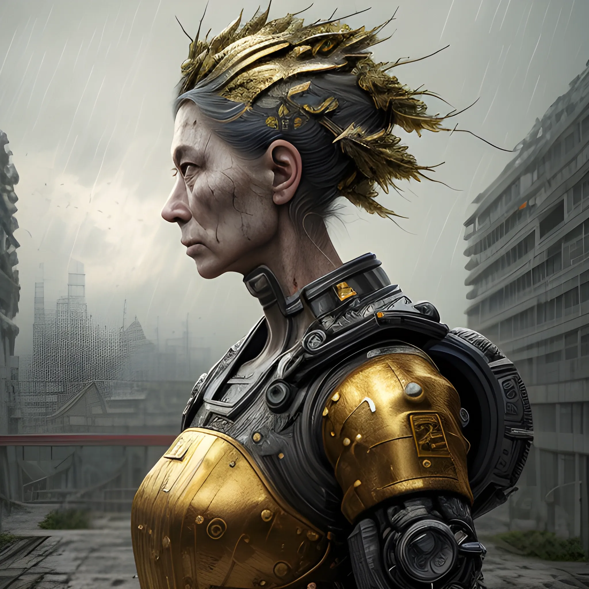 Manabu Ikeda inspired realistic whole body photo of a aged and spanish half-female half-nuclear princess posing on a rainy ruins ready for a battle. Her skin is made of gold. The camera angle is a wide. Her legs are visible. Hyper realistic, sharpen details, detailed skin, sharpened eyes, cinematic, intricate details, (gorgeous face:1. 2), masterpiece, full-backside angle, dystopian, microscopic, night, high quality, detailed, masterpiece, best quality, highres, extremely detailed, (8k), radioactive,