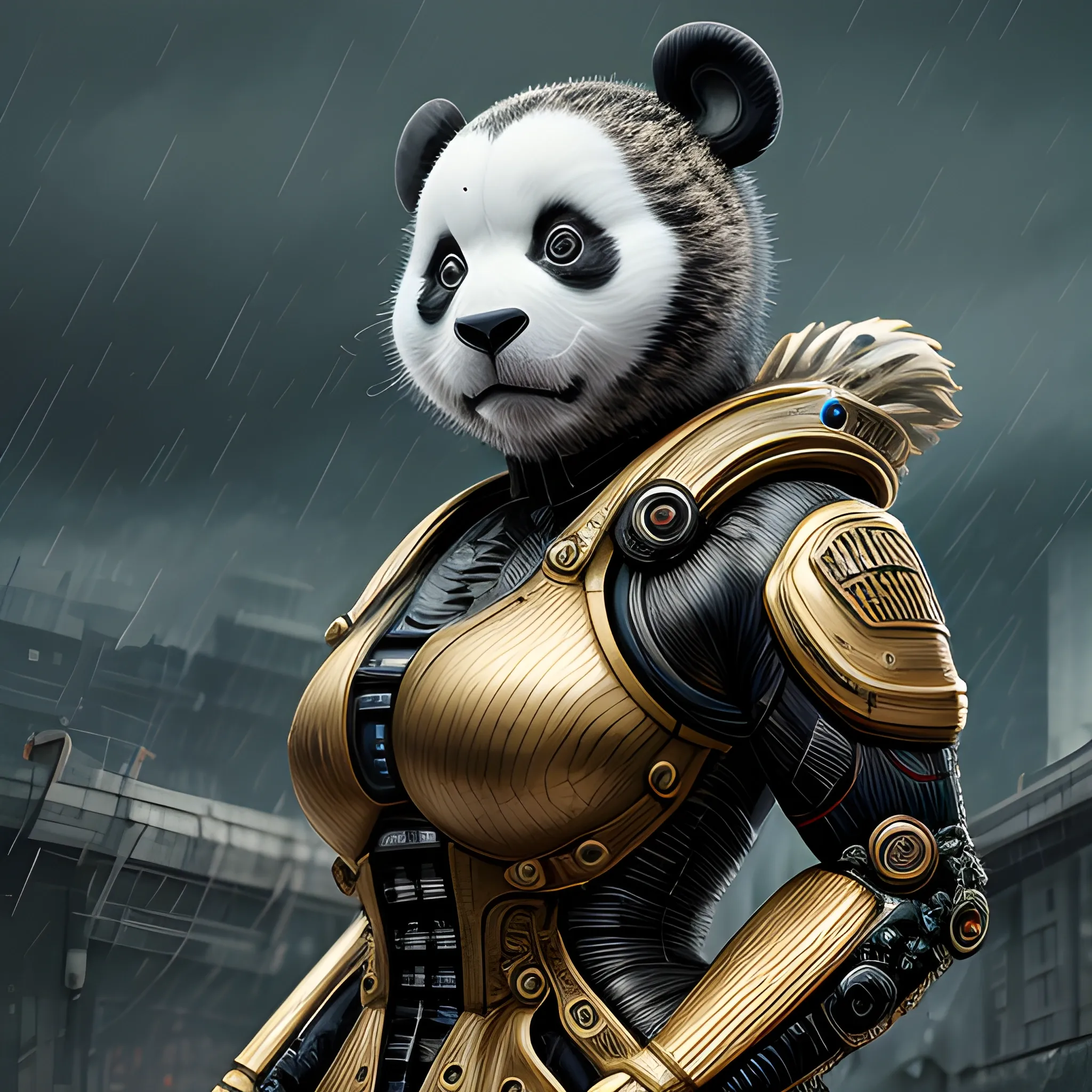 Manabu Ikeda inspired realistic whole body photo of a round figured half-human half-panda posing on a rainy ruins ready for a battle. Her skin is made of gold. The camera angle is a wide. Her legs are visible. Hyper realistic, sharpen details, detailed skin, sharpened eyes, cinematic, intricate details, (gorgeous face:1. 2), masterpiece, full-backside angle, dystopian, microscopic, night, high quality, detailed, masterpiece, best quality, highres, extremely detailed, (8k), radioactive, furry,