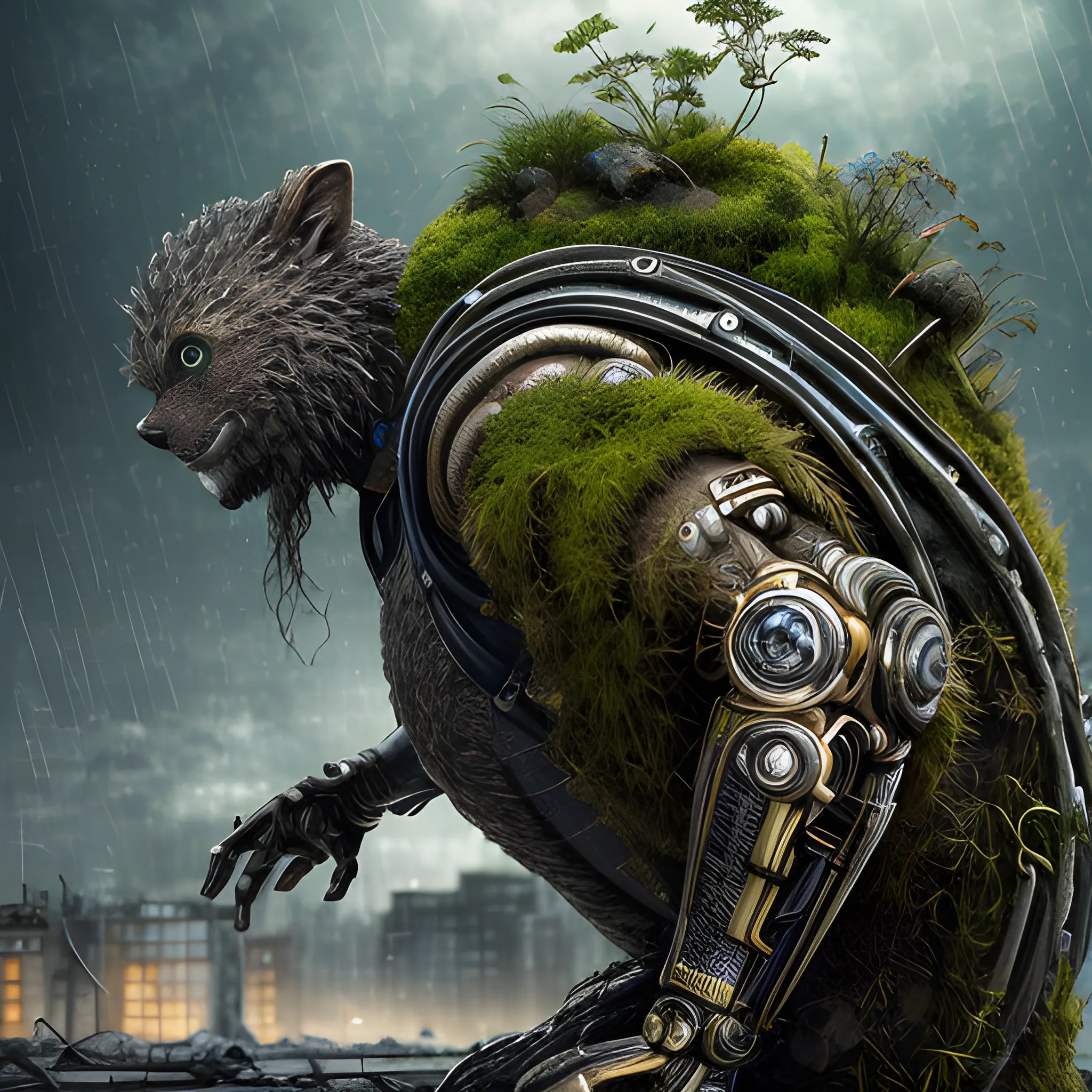 Manabu Ikeda inspired realistic whole body photo of a round figured half-human half-moss posing on a rainy ruins ready for a battle. His skin is made of gold. The camera angle is a wide. His legs are visible. Hyper realistic, sharpen details, detailed skin, sharpened eyes, cinematic, intricate details, (gorgeous face:1. 2), masterpiece, full-backside angle, dystopian, microscopic, night, high quality, detailed, masterpiece, best quality, highres, extremely detailed, (8k), radioactive, furry,