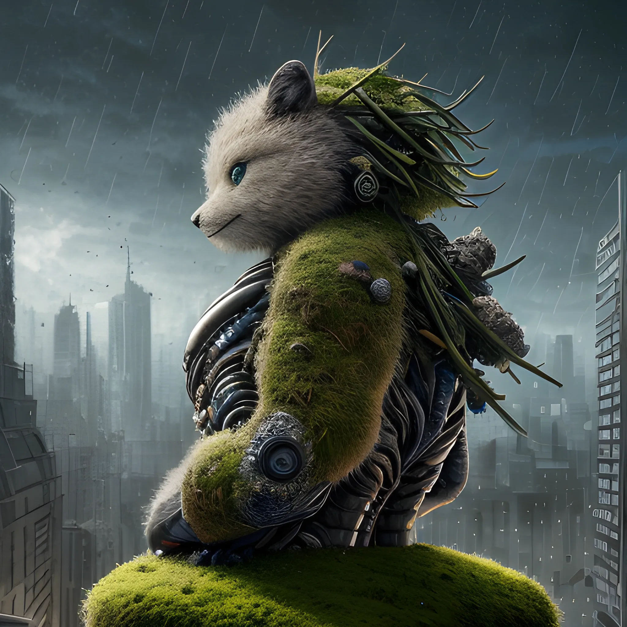 Manabu Ikeda inspired realistic whole body photo of a round figured half-human half-moss posing on a rainy ruins ready for a battle. His skin is made of gold. The camera angle is a wide. His legs are visible. Hyper realistic, sharpen details, detailed skin, sharpened eyes, cinematic, intricate details, (gorgeous face:1. 2), masterpiece, full-backside angle, dystopian, microscopic, night, high quality, detailed, masterpiece, best quality, highres, extremely detailed, (8k), radioactive, furry,