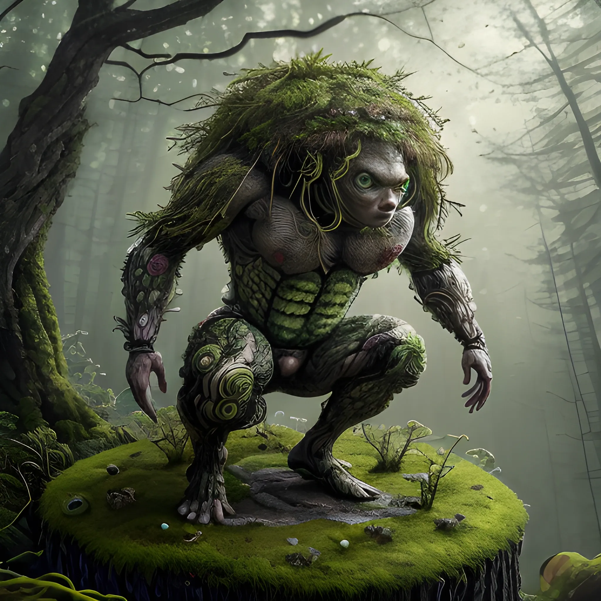 Manabu Ikeda inspired realistic whole body photo of a round figured half-human half-moss posing on a magical forest ready for a battle. His skin is made of gold. The camera angle is a wide. His legs are visible. Hyper realistic, sharpen details, detailed skin, sharpened eyes, cinematic, intricate details, (gorgeous face:1. 2), masterpiece, full-backside angle, dystopian, microscopic, night, high quality, detailed, masterpiece, best quality, highres, extremely detailed, (8k), radioactive, furry,