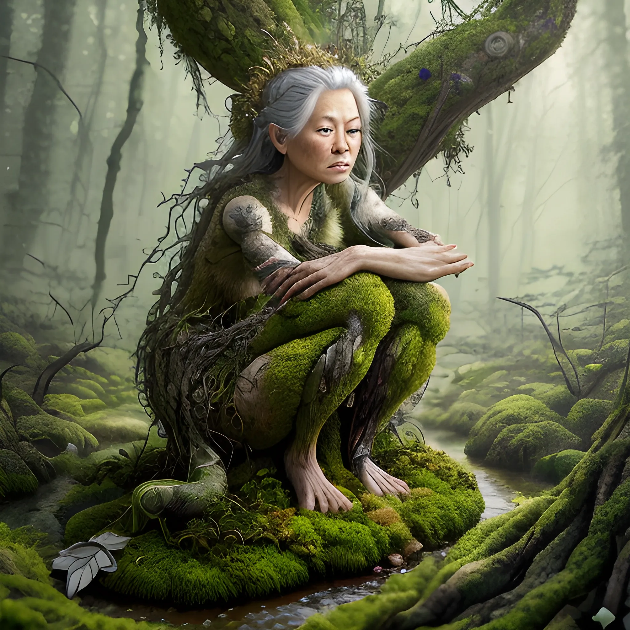 Manabu Ikeda inspired realistic whole body photo of a aged and round figured half-female half-moss princess posing on a magical forest ready for a battle. Her skin is made of gold. The camera angle is a wide. Her legs are visible. Hyper realistic, sharpen details, detailed skin, sharpened eyes, cinematic, intricate details, (gorgeous face:1. 2), masterpiece, full-backside angle, dystopian, microscopic, night, high quality, detailed, masterpiece, best quality, highres, extremely detailed, (8k), radioactive,