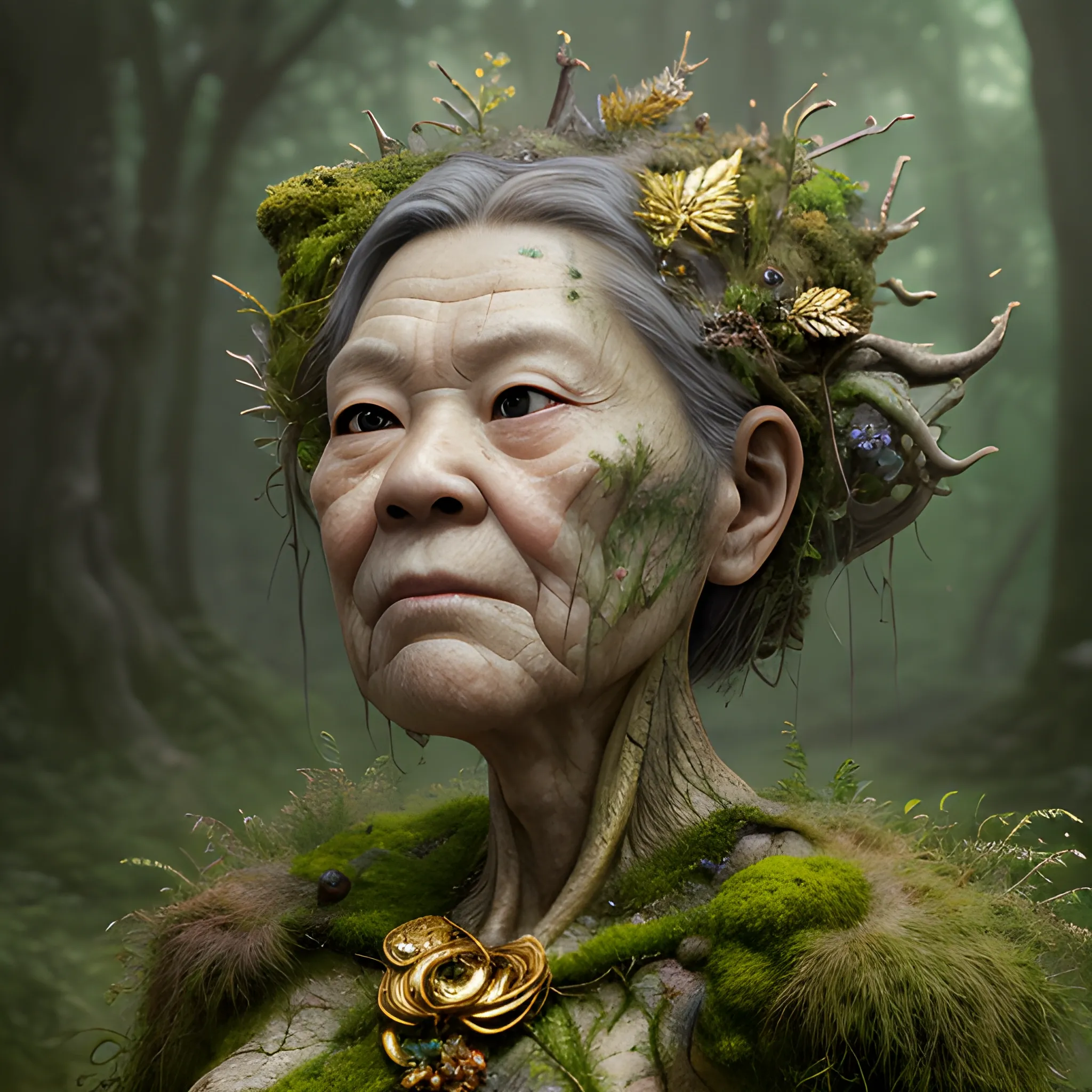 Manabu Ikeda inspired realistic whole body photo of a aged and round figured half-female half-moss princess posing on a magical forest ready for a battle. Her skin is made of gold. The camera angle is a wide. Her legs are visible. Hyper realistic, sharpen details, detailed skin, sharpened eyes, cinematic, intricate details, (gorgeous face:1. 2), masterpiece, full-backside angle, dystopian, microscopic, night, high quality, detailed, masterpiece, best quality, highres, extremely detailed, (8k), radioactive,