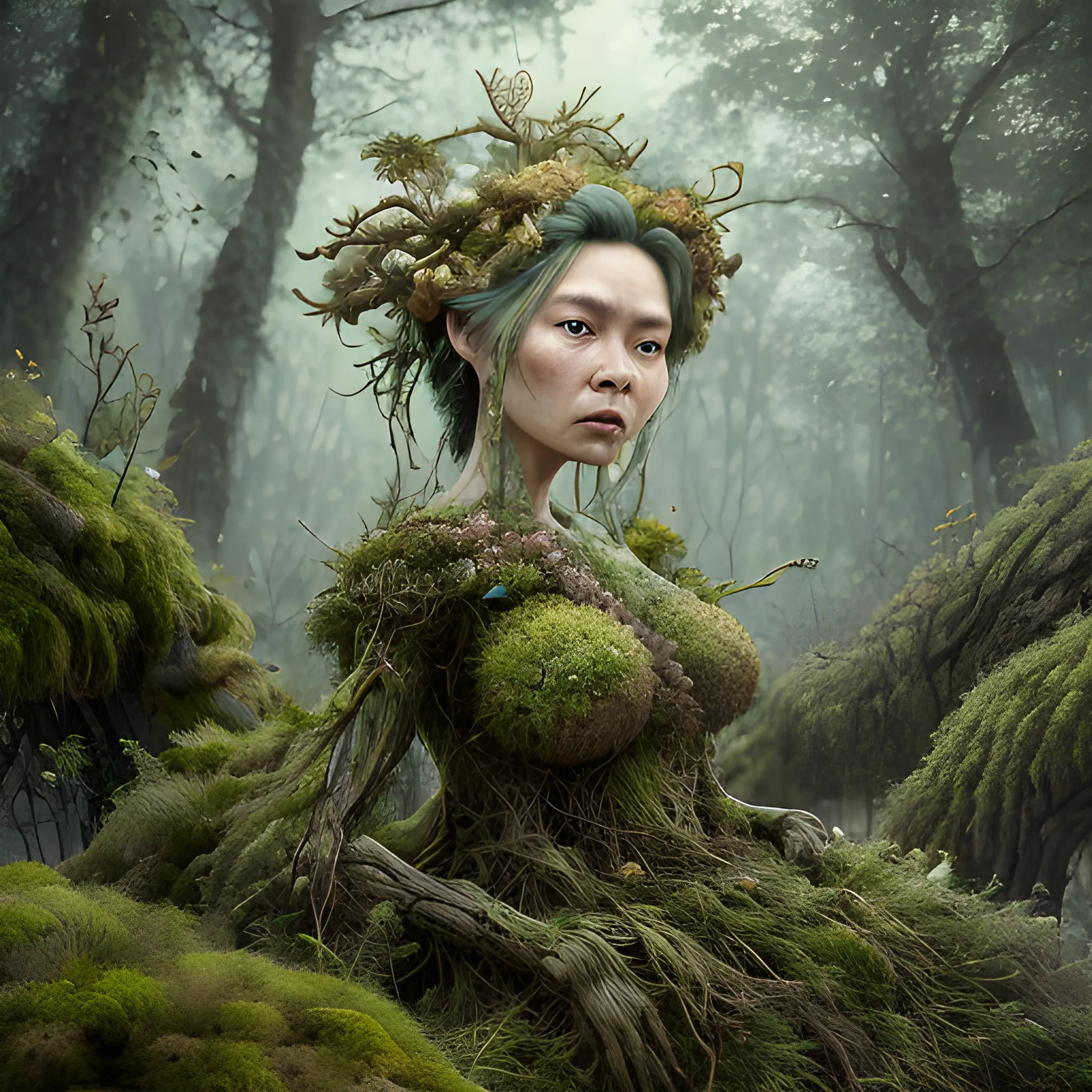 Manabu Ikeda inspired realistic whole body photo of a aged and round figured half-female half-moss princess posing on a magical forest ready for a battle. Her skin is made of gold. The camera angle is a wide. Her legs are visible. Hyper realistic, sharpen details, detailed skin, sharpened eyes, cinematic, intricate details, (gorgeous face:1. 2), masterpiece, full-backside angle, dystopian, microscopic, night, high quality, detailed, masterpiece, best quality, highres, extremely detailed, (8k), radioactive,