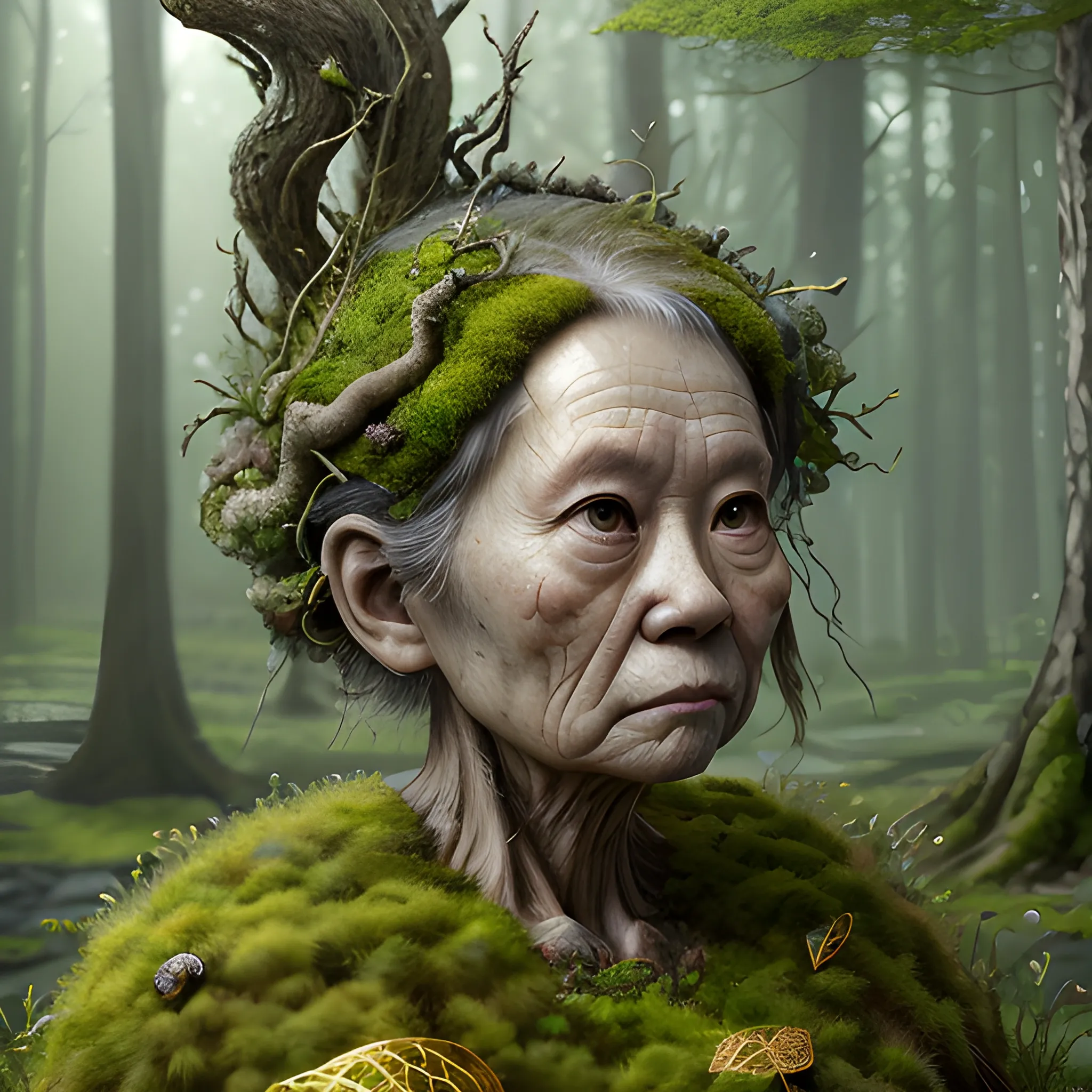 Manabu Ikeda inspired realistic whole body photo of a aged and round figured half-female half-moss princess posing on a magical forest ready for a battle. Her skin is made of gold. The camera angle is a wide. Her legs are visible. Hyper realistic, sharpen details, detailed skin, sharpened eyes, cinematic, intricate details, (gorgeous face:1. 2), masterpiece, full-backside angle, dystopian, microscopic, night, high quality, detailed, masterpiece, best quality, highres, extremely detailed, (8k), radioactive,