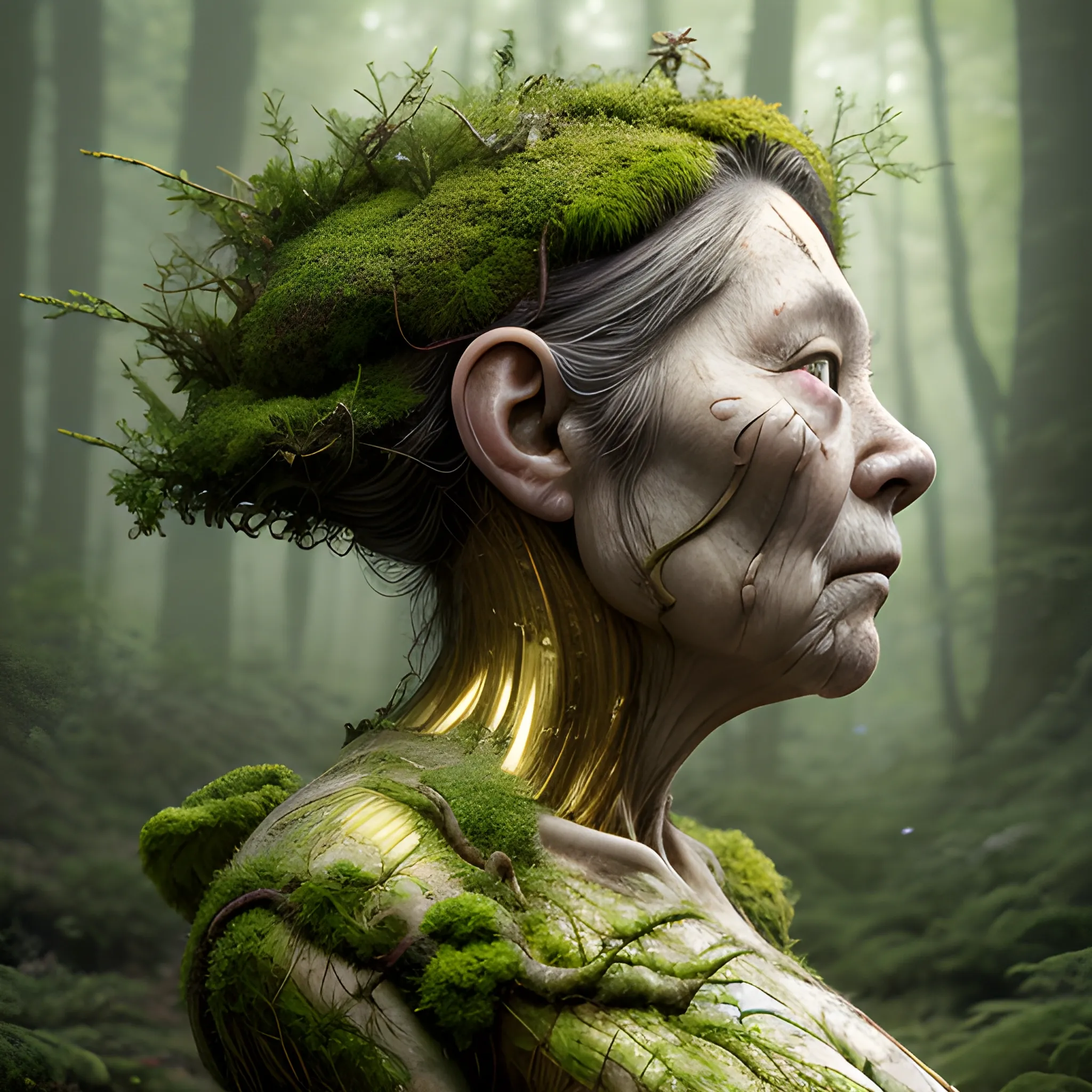 Manabu Ikeda inspired realistic whole body photo of a aged and round figured half-female half-moss nymf posing on a magical forest ready for a battle. Her skin is made of gold. The camera angle is a wide. Her legs are visible. Hyper realistic, sharpen details, detailed skin, sharpened eyes, cinematic, intricate details, (gorgeous face:1. 2), masterpiece, full-backside angle, dystopian, microscopic, night, high quality, detailed, masterpiece, best quality, highres, extremely detailed, (8k), radioactive,