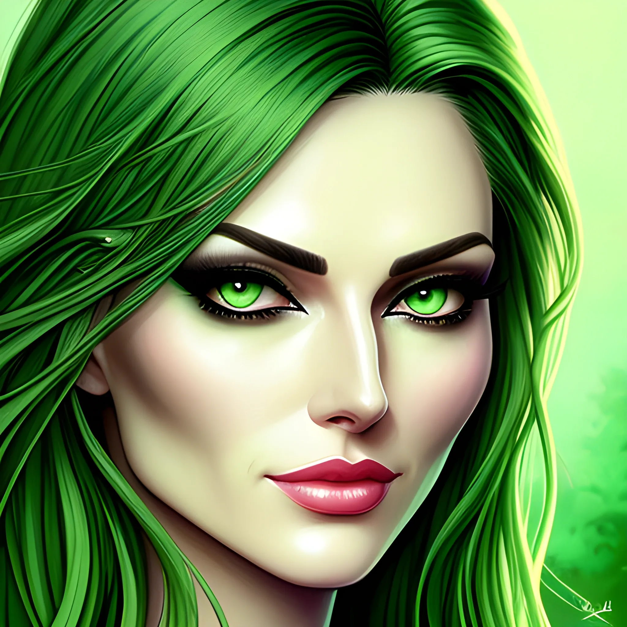 Beautiful girl with green eyes, high detail, green scene, hauntingly beautiful illustration
