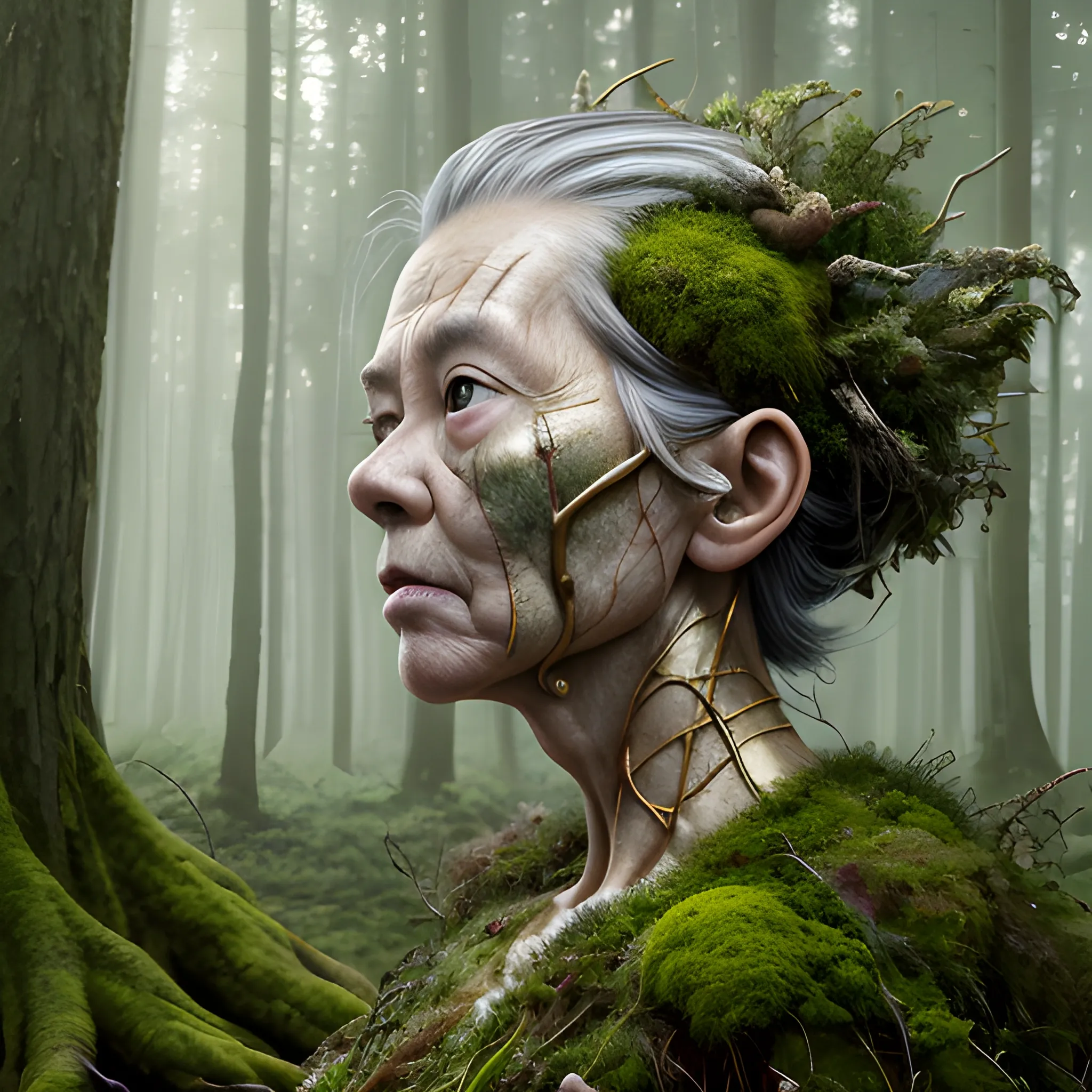 Manabu Ikeda inspired realistic whole body photo of a aged and round figured half-human half-moss widard posing on a magical forest ready for a battle. Her skin is made of gold. The camera angle is a wide. Her legs are visible. Hyper realistic, sharpen details, detailed skin, sharpened eyes, cinematic, intricate details, (gorgeous face:1. 2), masterpiece, full-backside angle, dystopian, microscopic, night, high quality, detailed, masterpiece, best quality, highres, extremely detailed, (8k), radioactive,