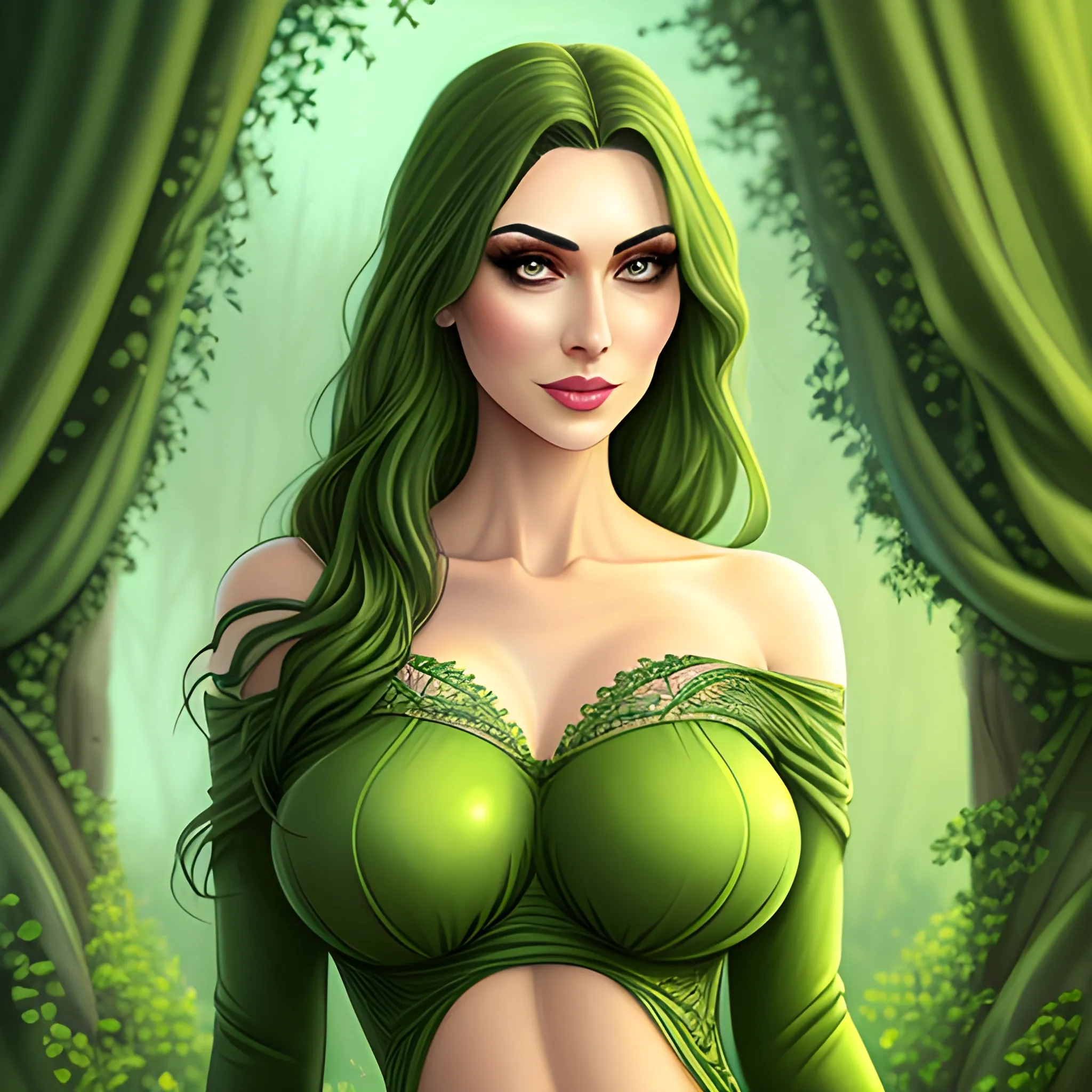 Beautiful girl with green eyes, high detail, green scene, hauntingly beautiful illustration, full body, braless

