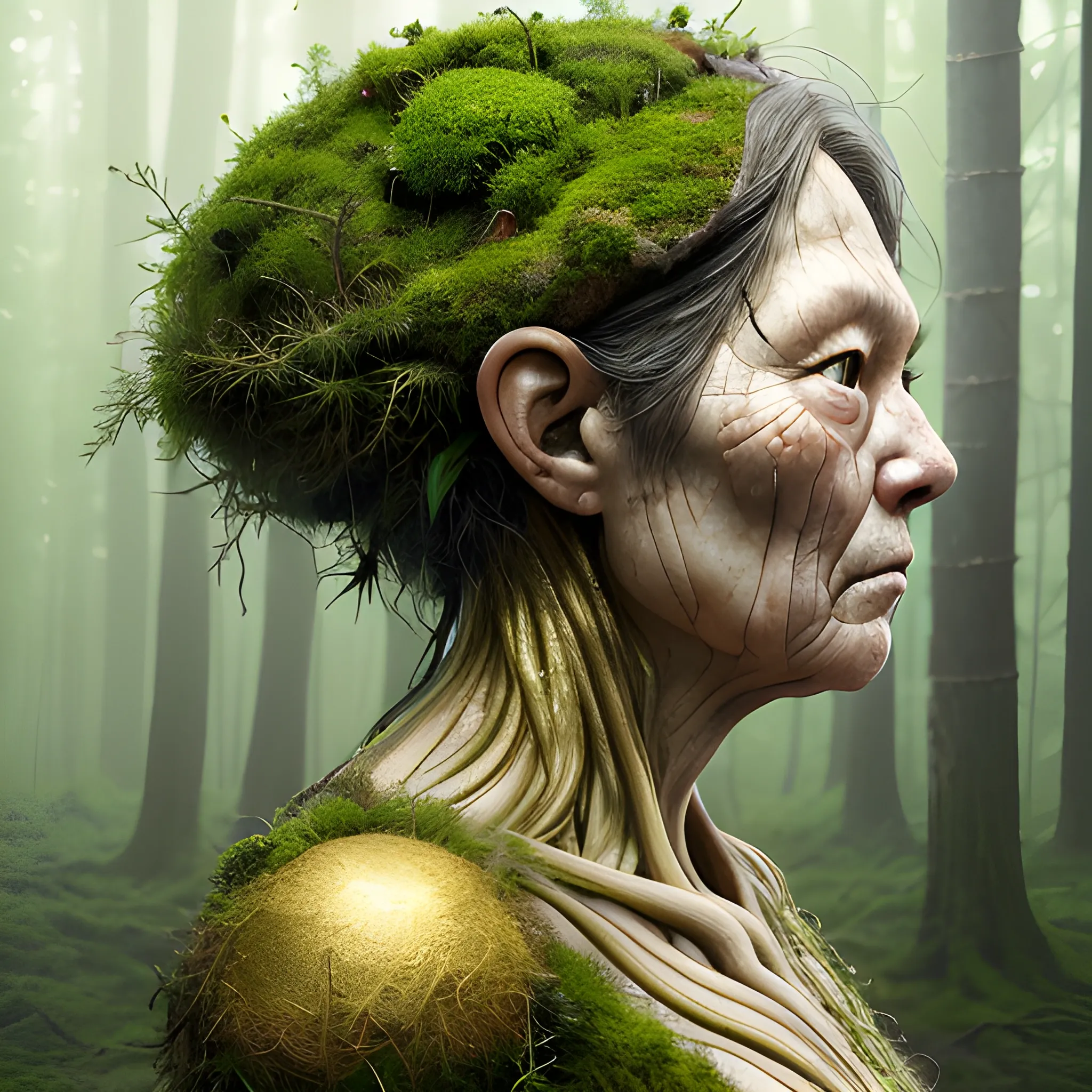 Manabu Ikeda inspired realistic whole body photo of a aged and round figured half-human half-moss widard posing on a magical forest ready for a battle. Their face is made of gold. The camera angle is a wide. Their legs are visible. Hyper realistic, sharpen details, detailed skin, sharpened eyes, cinematic, intricate details, (gorgeous face:1. 2), masterpiece, full-backside angle, dystopian, microscopic, night, high quality, detailed, masterpiece, best quality, highres, extremely detailed, (8k), radioactive,