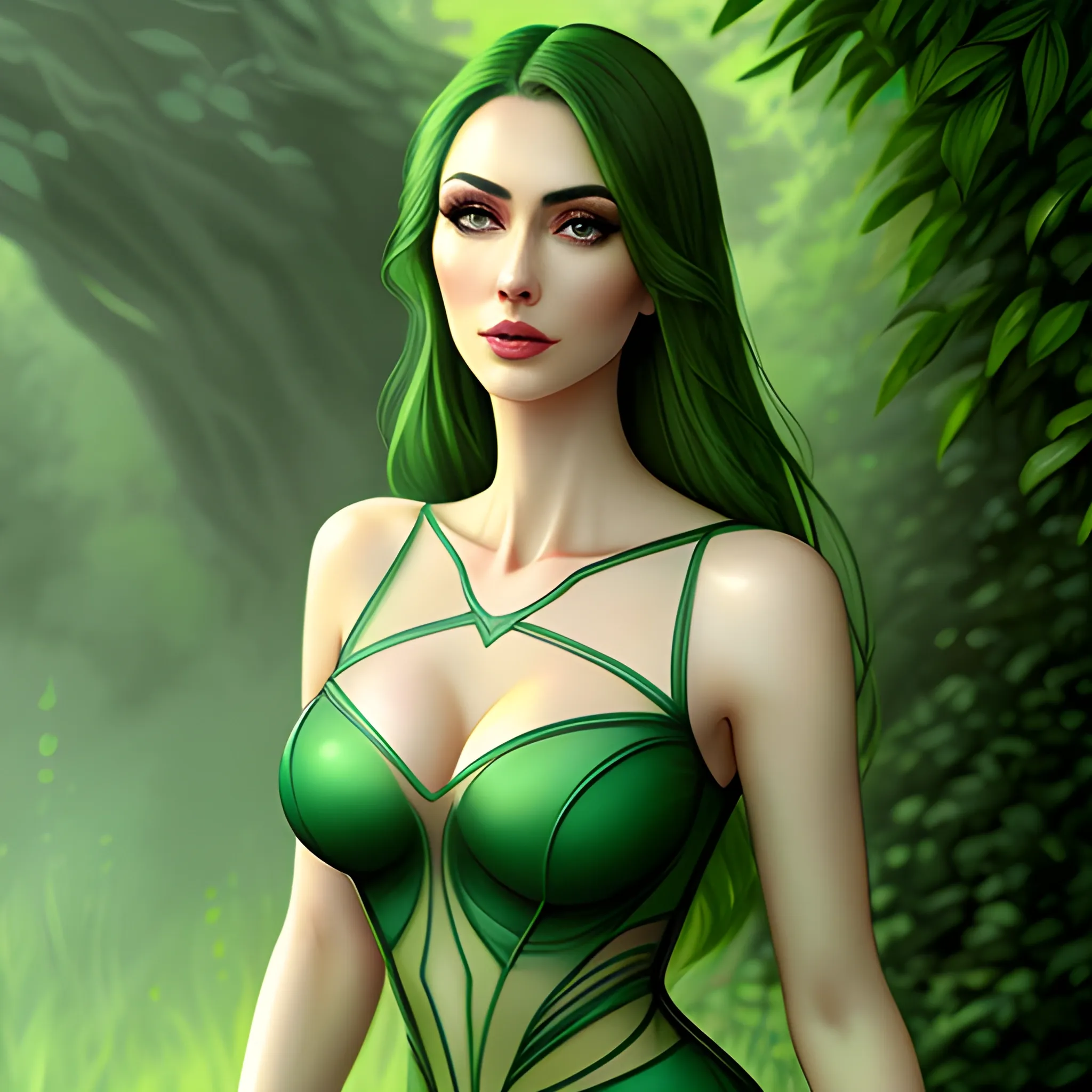 Beautiful girl with green eyes, high detail, green scene, hauntingly beautiful illustration, full body, 
transparent dress braless, realistic

