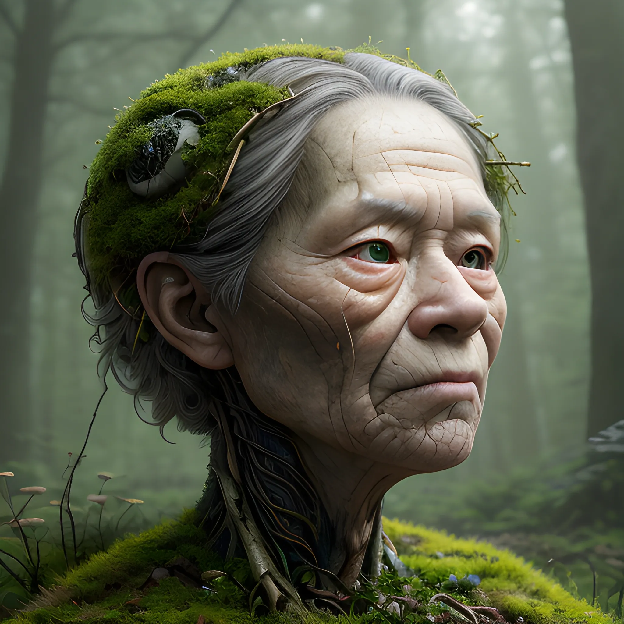 Manabu Ikeda inspired realistic whole body photo of a aged and round figured half-human half-moss widard posing on a magical forest ready for a battle. Face is made of gold. The camera angle is a wide. Legs are visible. Hyper realistic, sharpen details, detailed skin, sharpened eyes, cinematic, intricate details, (gorgeous face:1. 2), masterpiece, full-backside angle, dystopian, microscopic, night, high quality, detailed, masterpiece, best quality, highres, extremely detailed, (8k), radioactive,