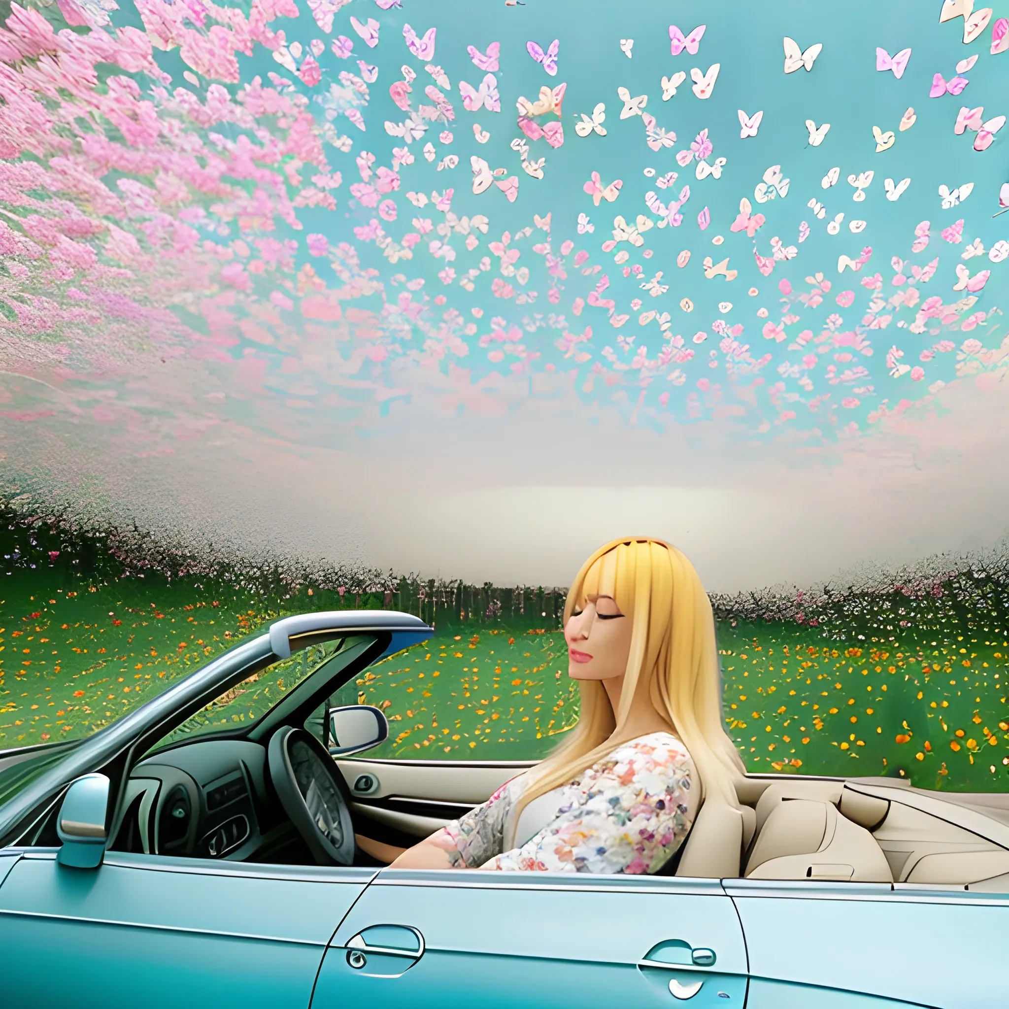 a girl with blonde hair sitting in car filled butterflies, art by Rinko Kawauchi, in the style ofnaturalistic poses, vacation dadcore, youthfulenergy, a coolexpression, body extensions, flowersin the sky, analog film, super detail, dreamy lofiphotography, colourful, covered in flowers andvines, Inside view, shot on fujifilm XT4 --q 2 --v 5 --ar 3:4

