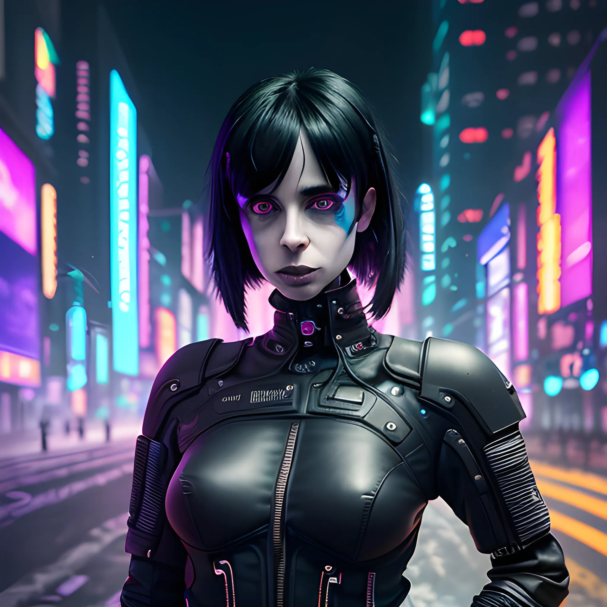 Female, Cyberpunk Night City, black hole, singularity, apocalypse, nihilism, Cthuru, grand worldview, strong visual impact, Krysten Ritter goth black bangs dark makeup, the picture should have the feeling of immersion, -- ar 9, KS, Cai Guo-Qiang, soft lights, Depth of field (DOF), Full Length Shot (FLS)