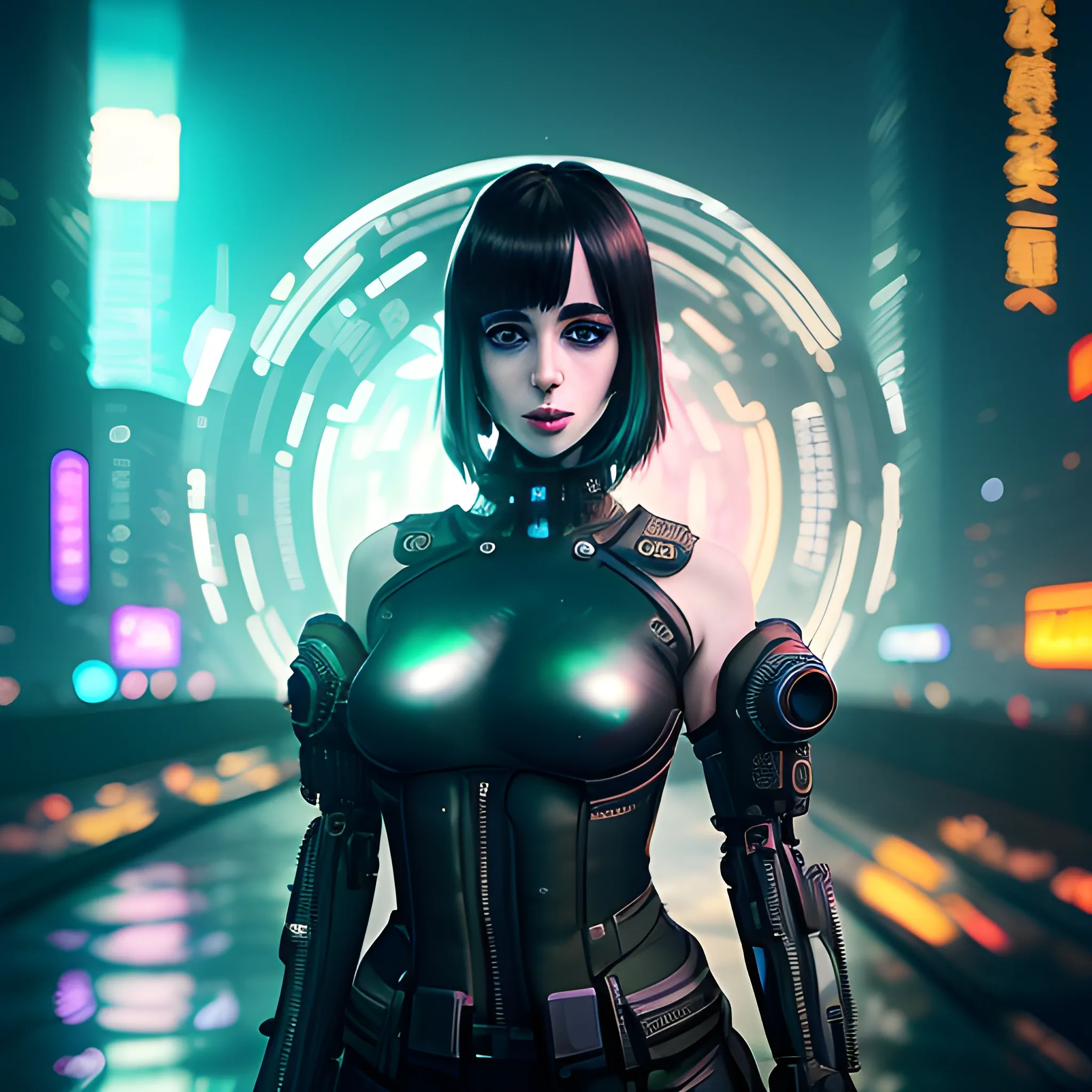 very 
beautiful Female, Cyberpunk Night City, black hole, singularity, apocalypse, Cthuru, grand worldview, strong visual impact, Krysten Ritter goth black bangs makeup, the picture should have the feeling of immersion, -- ar 9, KS, Cai Guo-Qiang, soft lights, Depth of field (DOF), Full Length Shot (FLS)