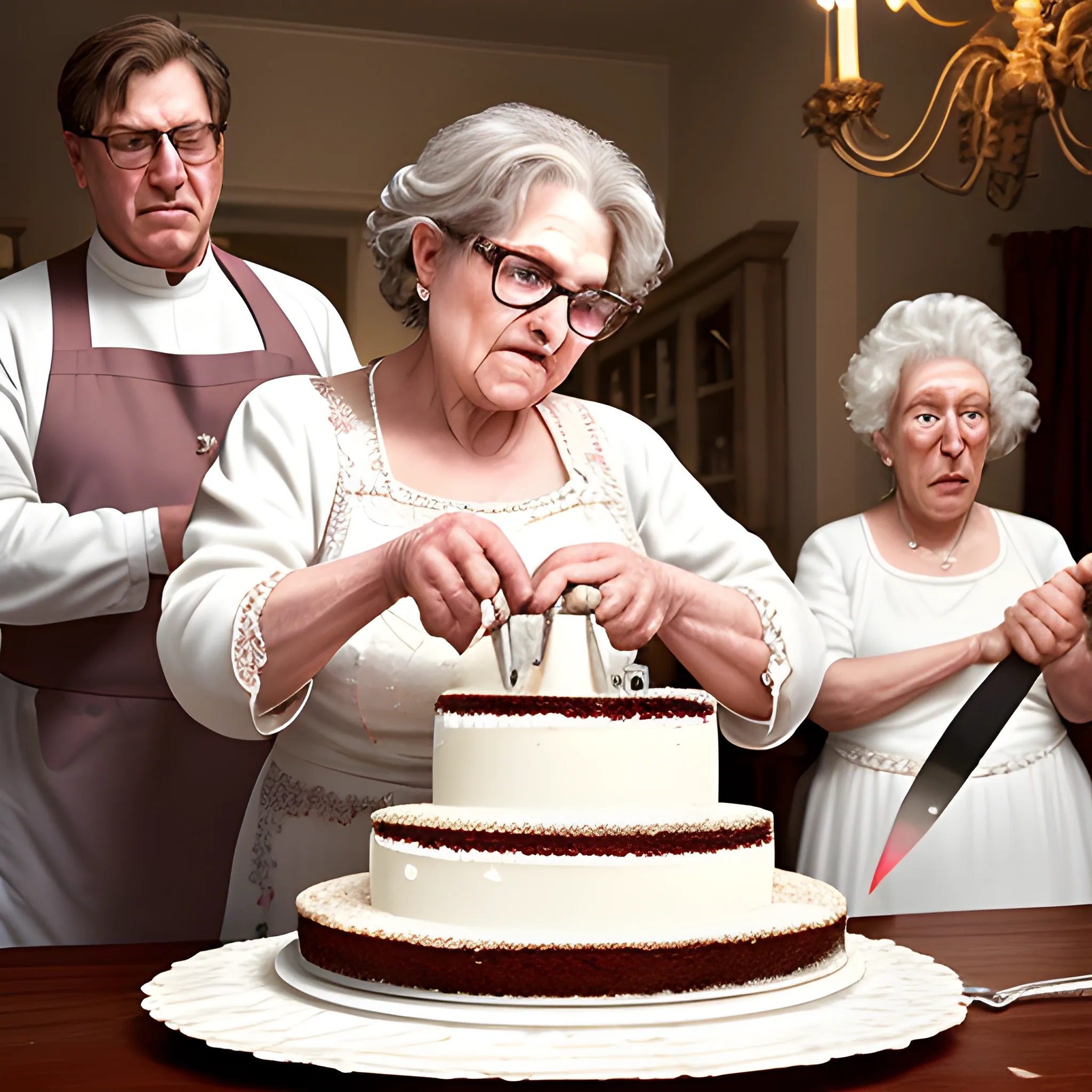 Exploding cake::15 Using a wide-angle lens, capture the dramatic moment when a grandmother with glasses in her pajamas aggressively cuts with a big knife a wedding cake::10 The lighting is white. The cake is ornamental elaborated in multiple floors::3 The grandmother's hands grip the knife tightly, and her expression is one of determination mixed with anger and fury::3 The cake explodes into crumbs and chaotic pieces::7 as if the grandmother is taking out her frustrations on the cake::3 the background shows the catering of the wedding in white and pure colors::4 candles, kitchen, fire::-10 --ar 9:16 --v 5