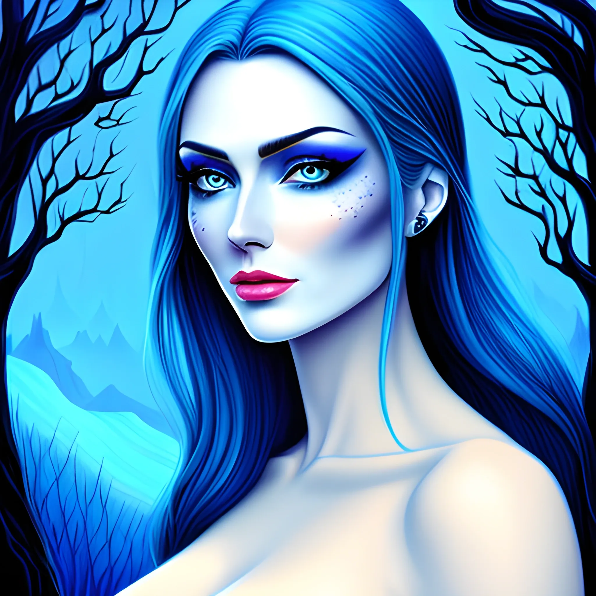 Beautiful girl with blue eyes, high detail, blue scene, hauntingly beautiful illustration