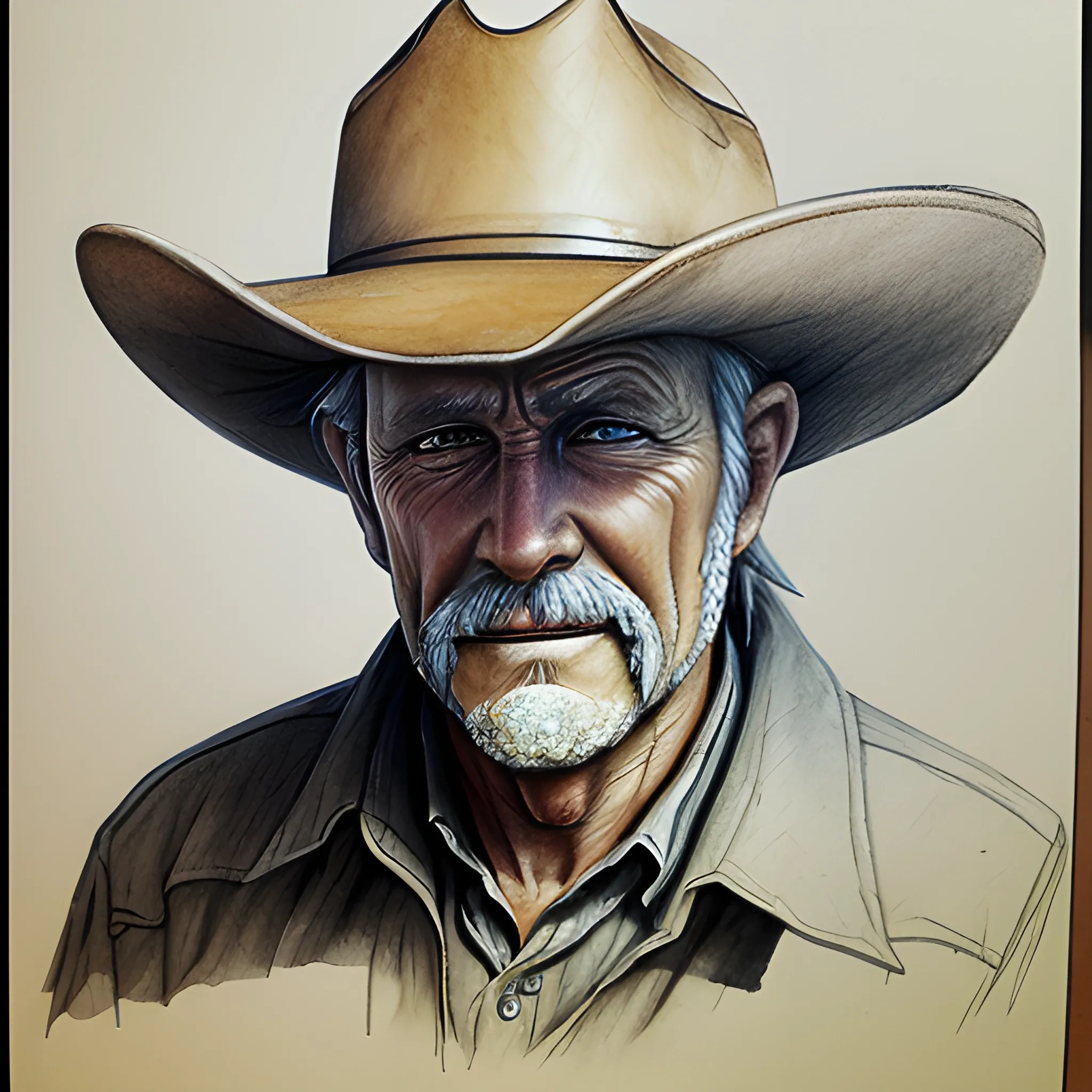an old cowboy, Pencil Sketch, 3D, Water Color