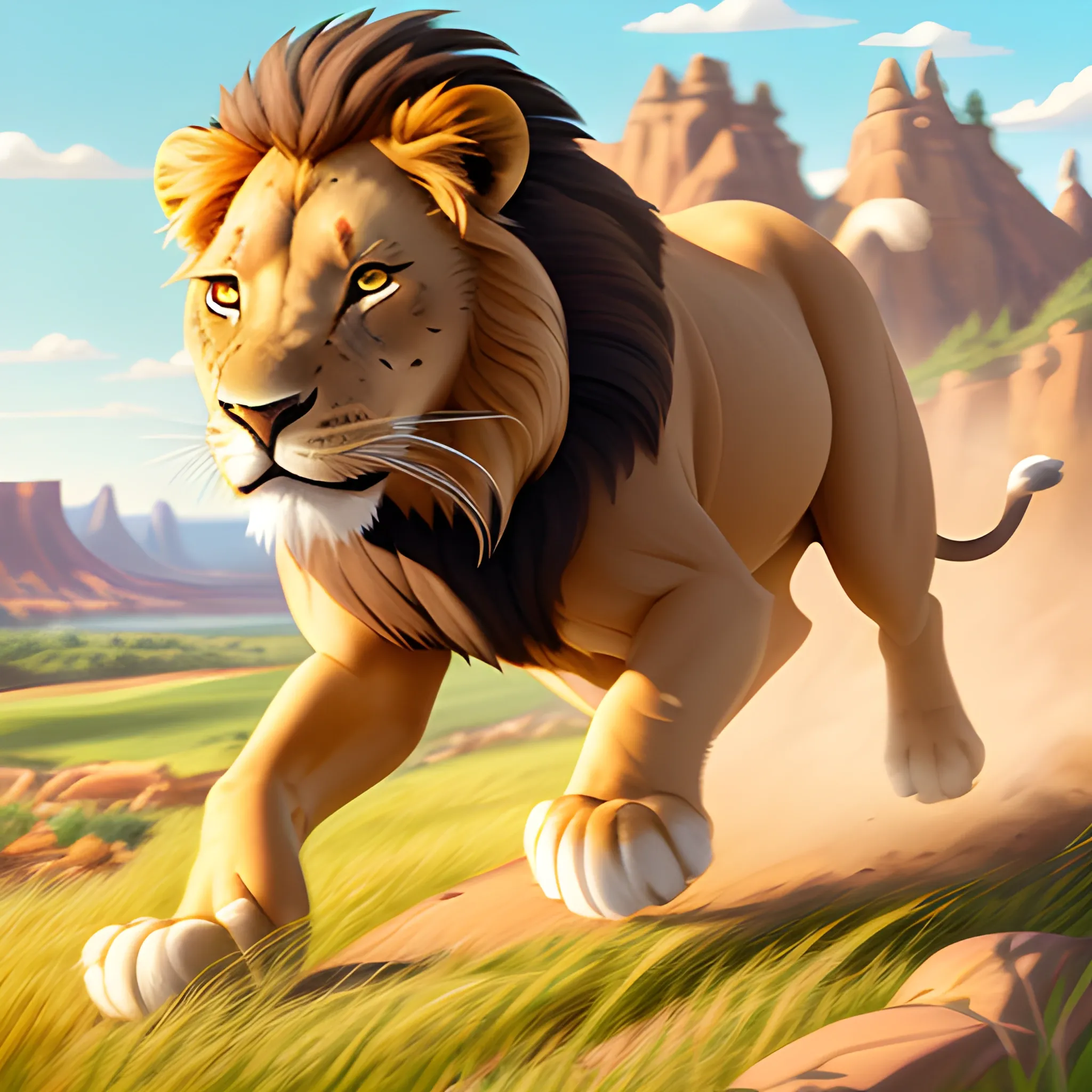 https://s.bw.run/4yxe4ex3 A lively lion leaps through grass and canyons, wild and free :: cinematic :: sunlight :: soft lighting :: beutiful lighting :: warm color palette :: high quality :: detailed and intricate :: hyper-detailed :: cartoon :: disney :: pixar :: storybook illustration  --v 5.1, --q 2, Cartoon