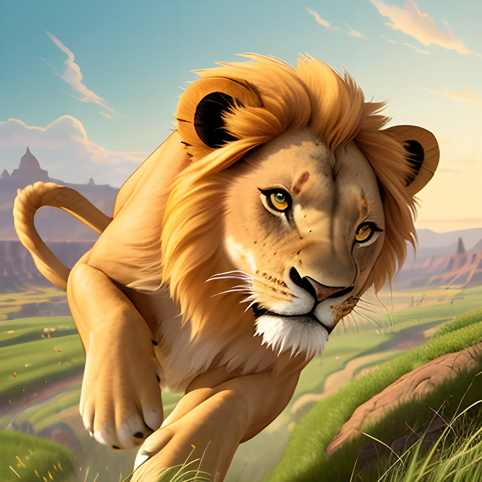 https://s.bw.run/4yxe4ex3 A lively lion leaps through grass and canyons, wild and free :: cinematic :: sunlight :: soft lighting :: beutiful lighting :: warm color palette :: high quality :: detailed and intricate :: hyper-detailed :: cartoon :: disney :: pixar :: storybook illustration  --v 5.1, --q 2, --ar 2:3