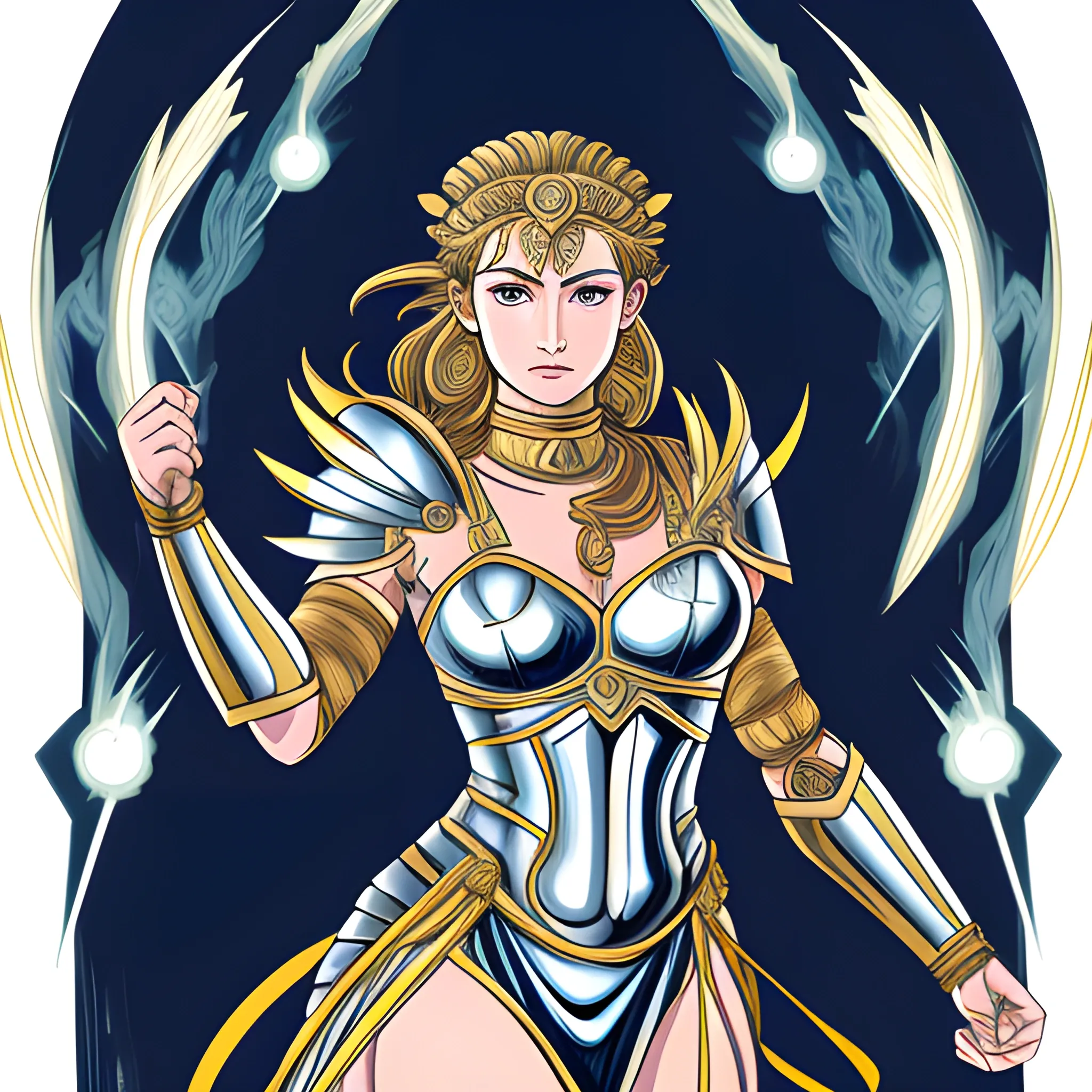 female, in the style of energy-filled illustrations, greek goddess, mythic, adamantium armor