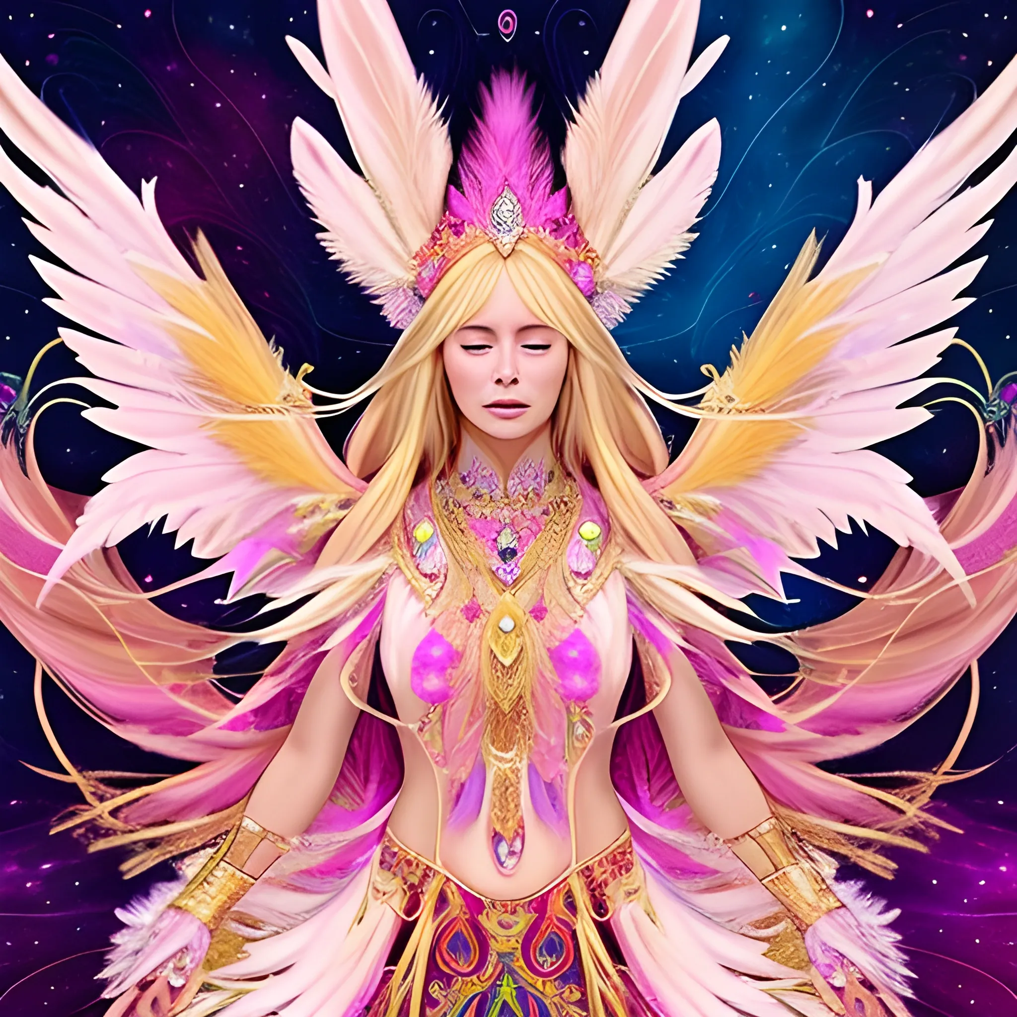 A blonde woman, dressed in golden shamanic ornaments and a plume of pink, white and purple feathers, in the astral space , Trippy