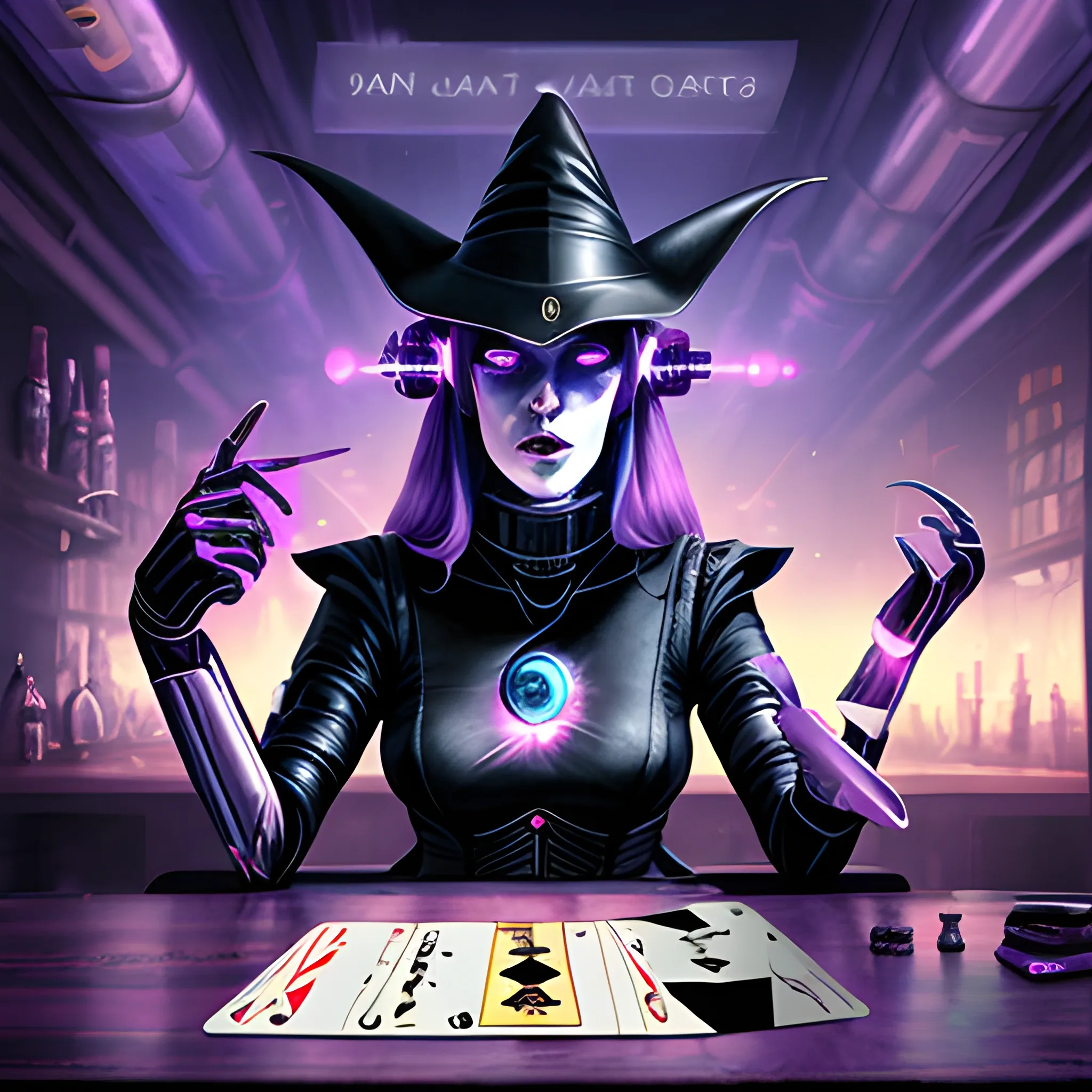 cartas del tarot, cybertpunk witch, space bar, with a alient client listening