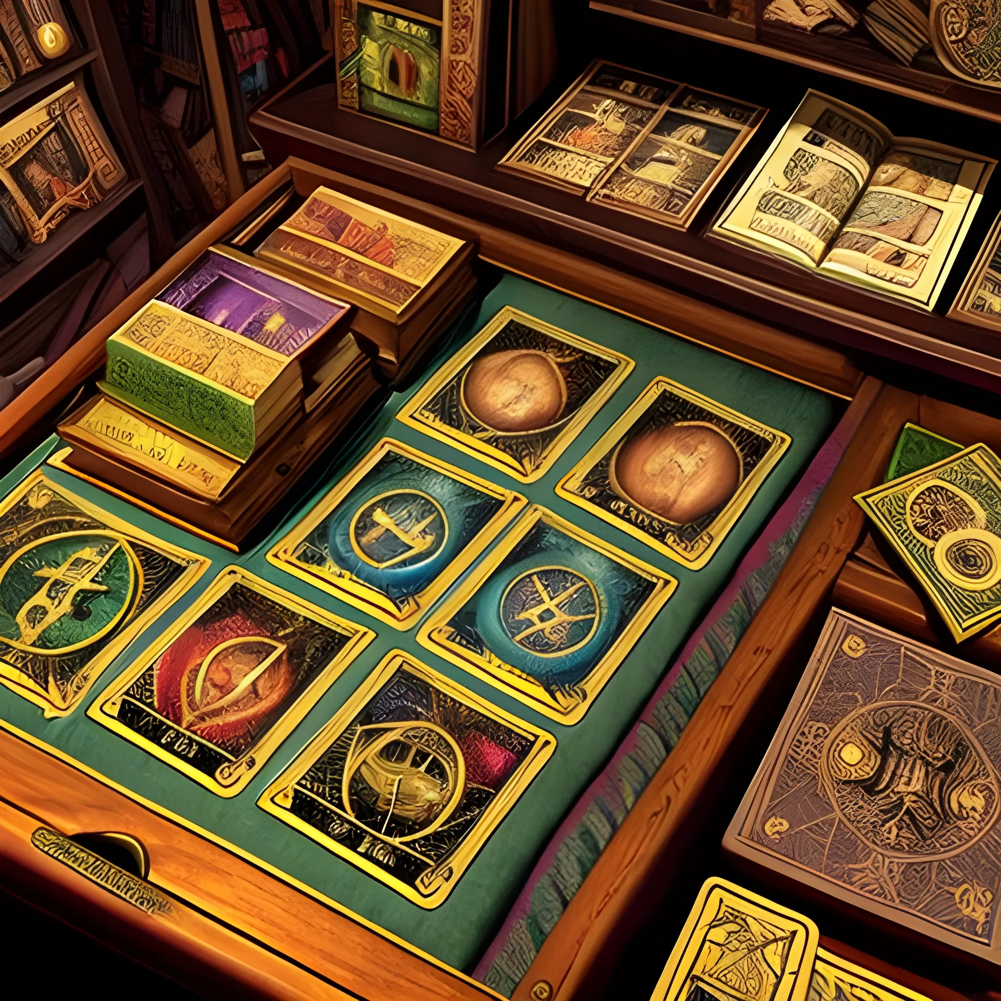 tarot cards, in a magic table, from a store of wizards, potions, books of magic, ingredients for potions