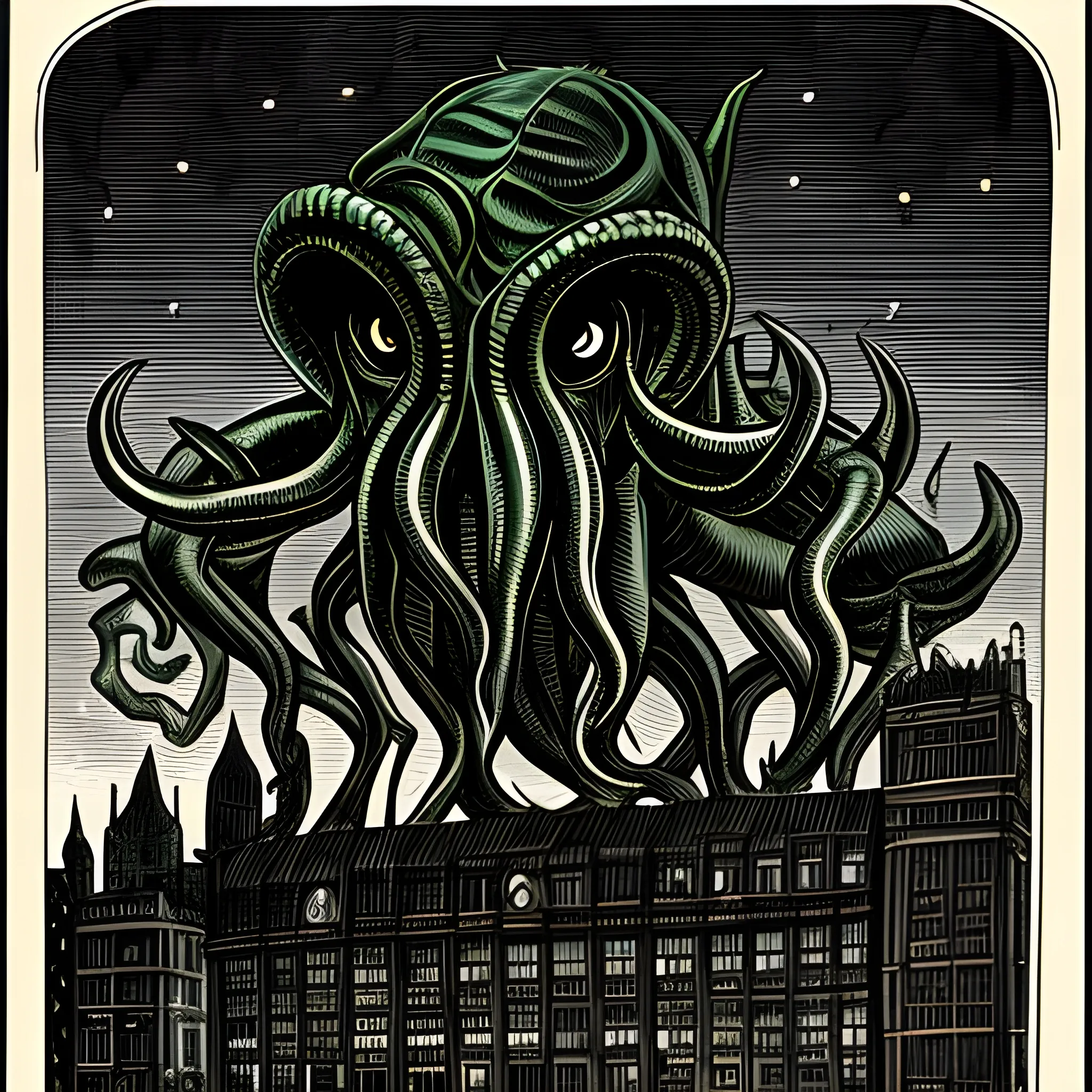 cthulhu monsters, in the midle of the night, year 1920, in the city of london, close to London Bridge