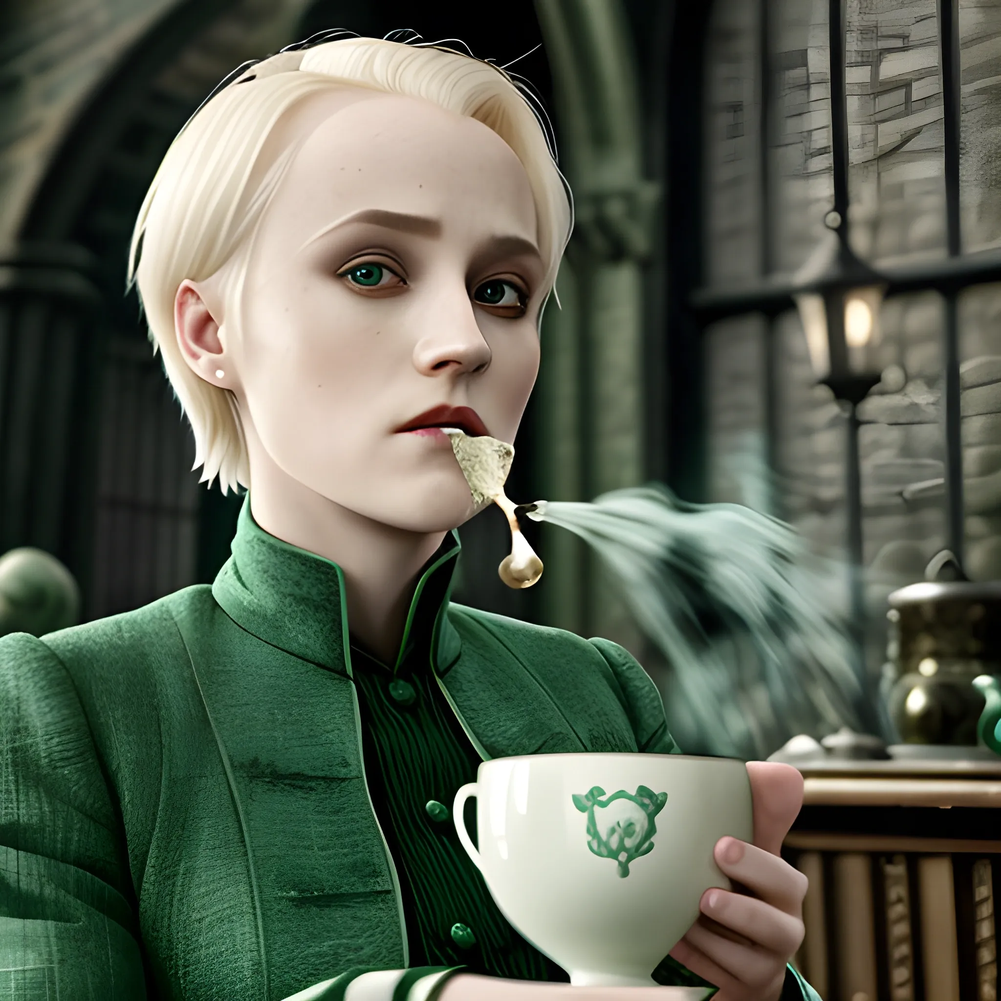 Draco Malfoy woman, 2023, slytherin uniform, in the leaky cauldron, drinking a cup of tea