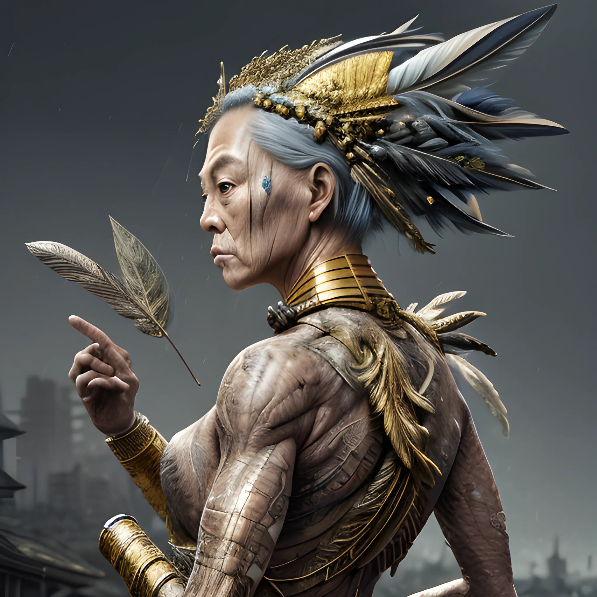 Manabu Ikeda inspired realistic whole body photo of a aged and tribal half-female half-feather princess posing on a rainy ruins ready for a battle. Her skin is made of gold. The camera angle is a wide. Her legs are visible. Hyper realistic, sharpen details, detailed skin, sharpened eyes, cinematic, intricate details, (gorgeous face:1. 2), masterpiece, full-backside angle, dystopian, microscopic, night, high quality, detailed, masterpiece, best quality, highres, extremely detailed, (8k), radioactive,