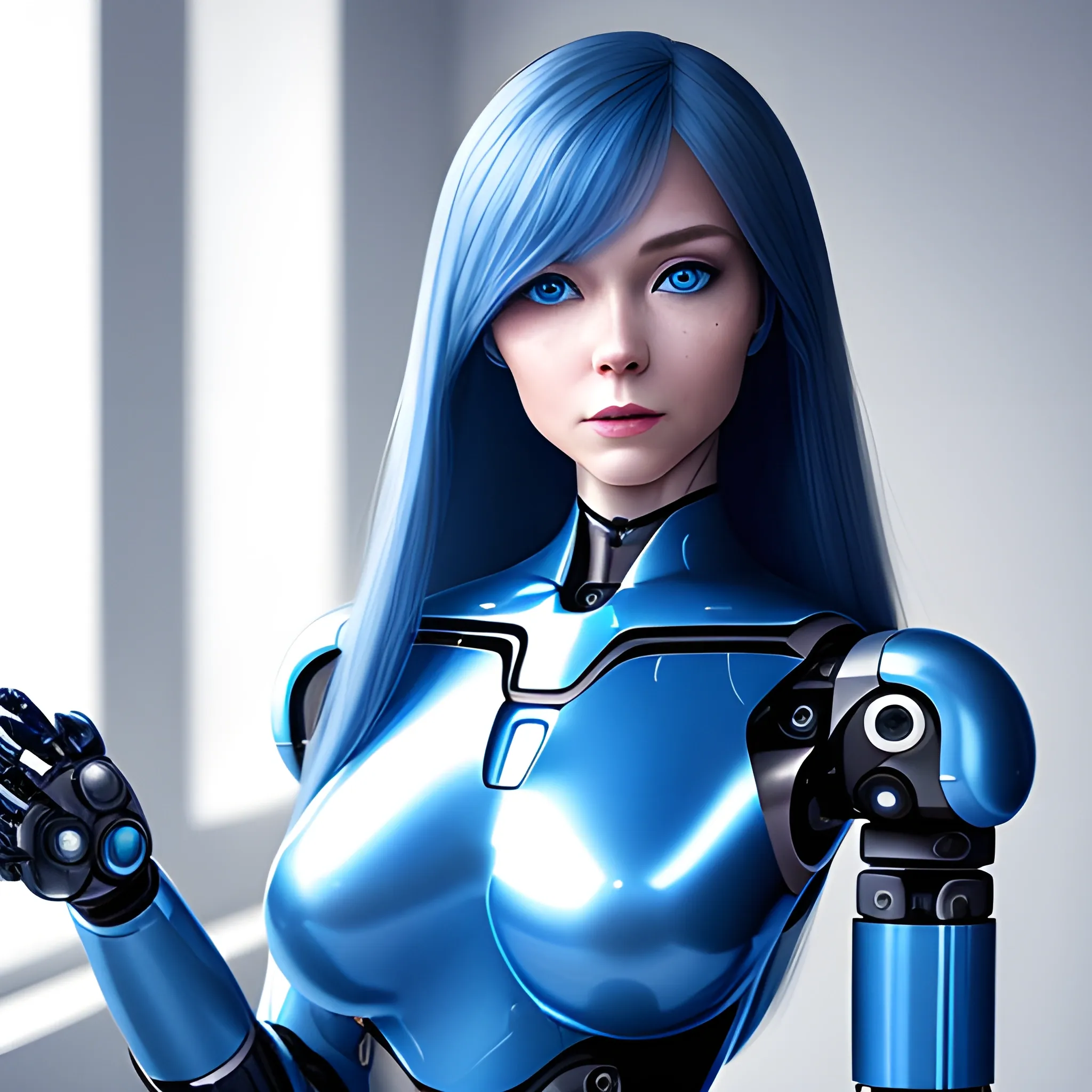 a human type female robot with sexy wardrobe, human face, long read hair, blue eyes with speckles
