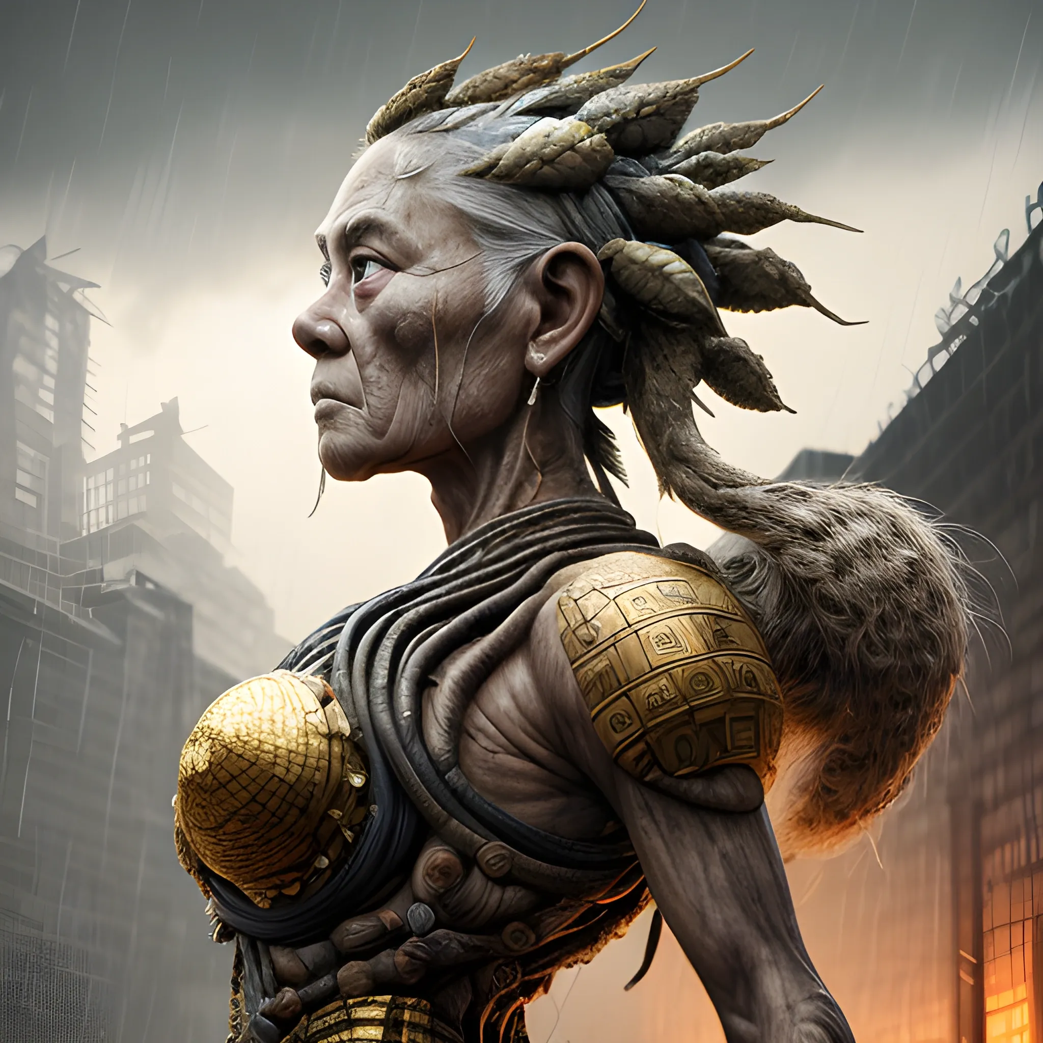 Manabu Ikeda inspired realistic whole body photo of a aged and tribal half-female half-lava princess posing on a rainy ruins ready for a battle. Her skin is made of gold. The camera angle is a wide. Her legs are visible. Hyper realistic, sharpen details, detailed skin, sharpened eyes, cinematic, intricate details, (gorgeous face:1. 2), masterpiece, full-backside angle, dystopian, microscopic, night, high quality, detailed, masterpiece, best quality, highres, extremely detailed, (8k), radioactive,