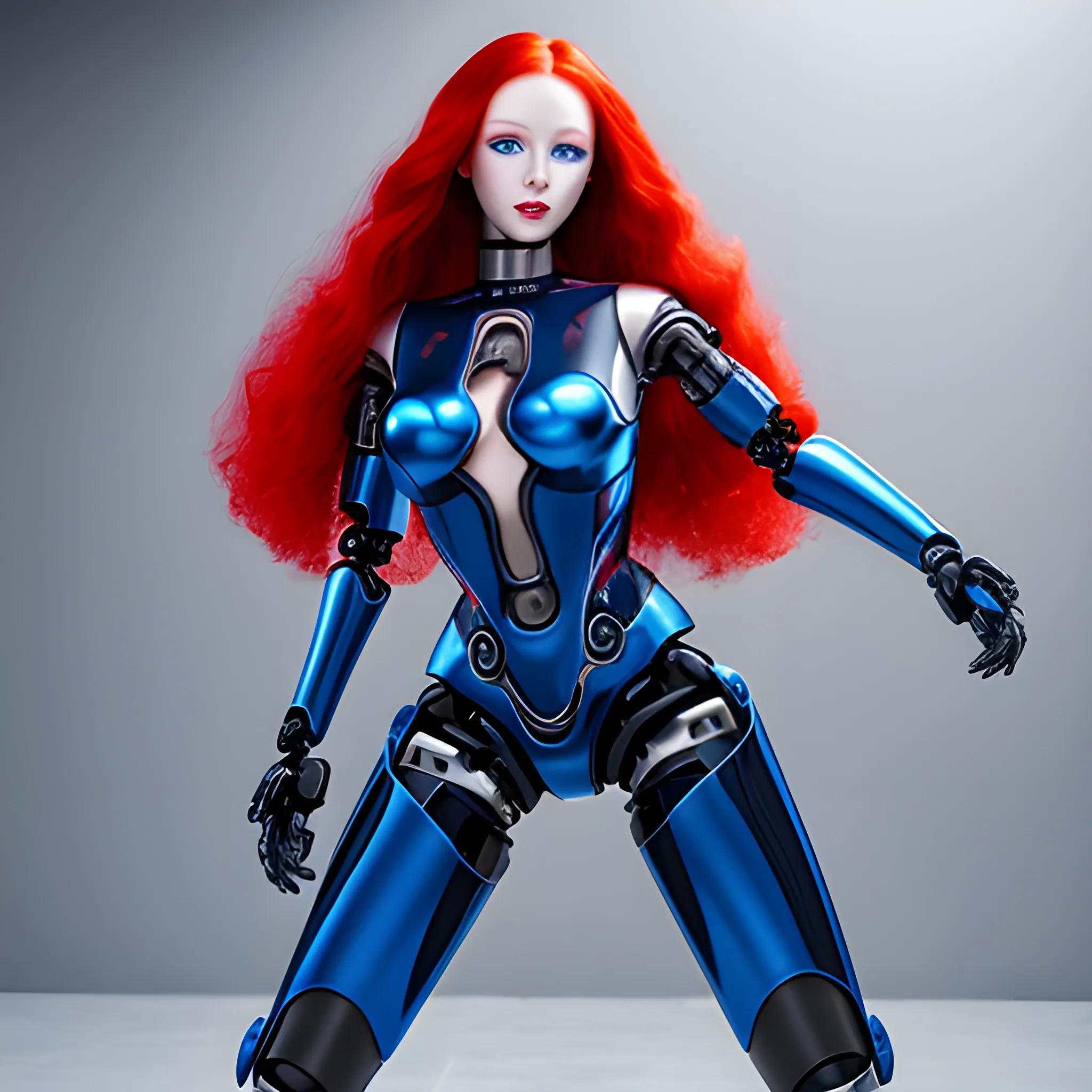 a human type female robot with sexy wardrobe, human face, long red hair, blue eyes, full body escene, battling pose
