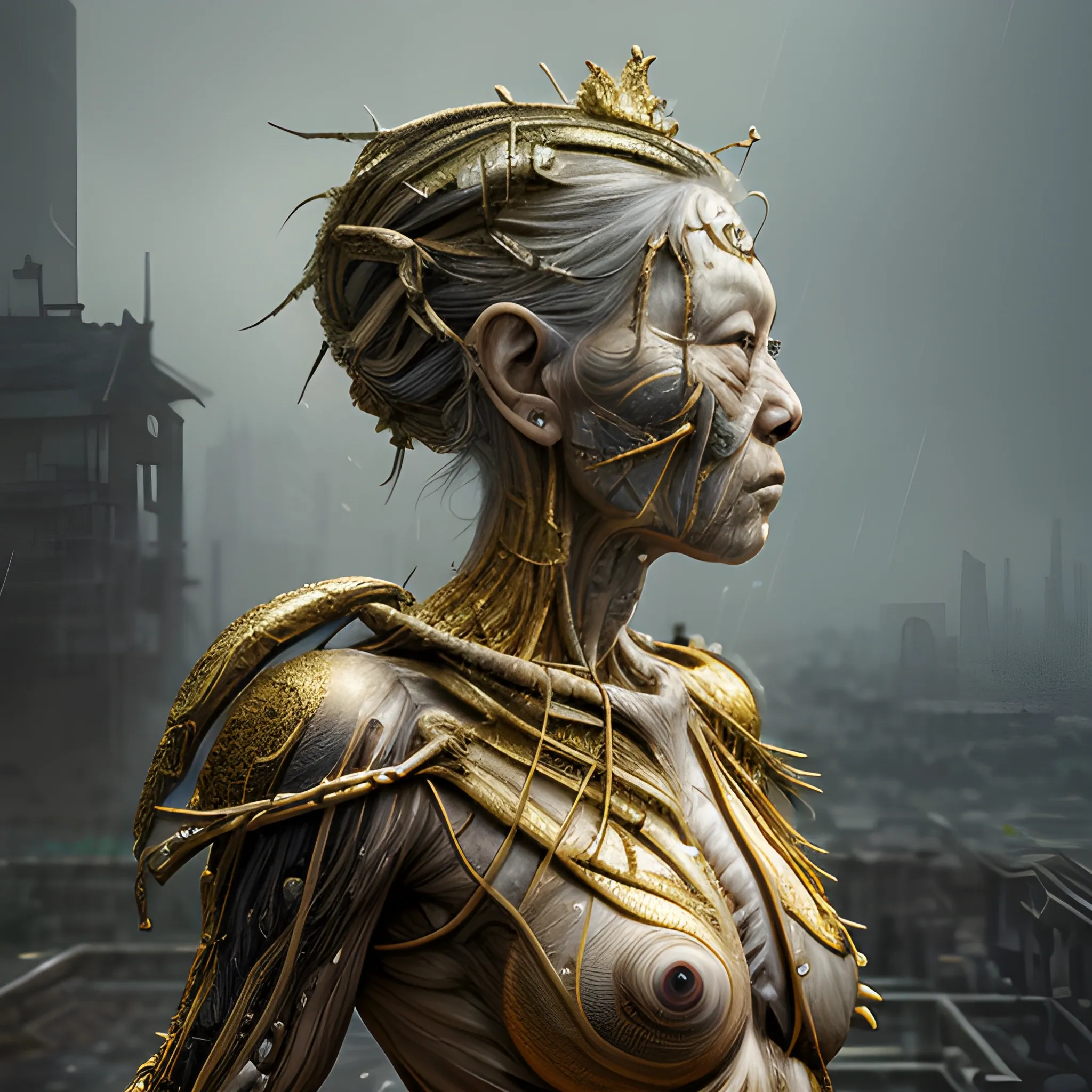 Manabu Ikeda inspired realistic whole body photo of a aged and tribal half-female half-transparent princess posing on a rainy ruins ready for a battle. Her skin is made of gold. The camera angle is a wide. Her legs are visible. Hyper realistic, sharpen details, detailed skin, sharpened eyes, cinematic, intricate details, (gorgeous face:1. 2), masterpiece, full-backside angle, dystopian, microscopic, night, high quality, detailed, masterpiece, best quality, highres, extremely detailed, (8k), radioactive,
