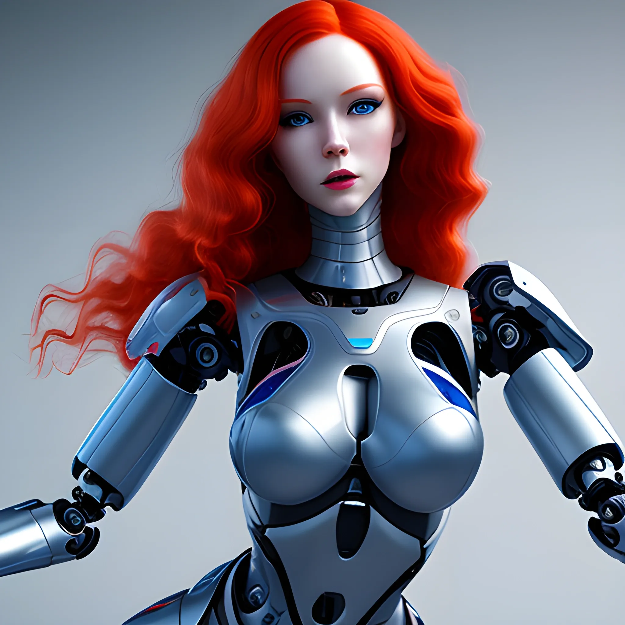 a human type female robot with sexy wardrobe, human face, long red hair, blue eyes, full body escene, battling pose, photorealistic finished
