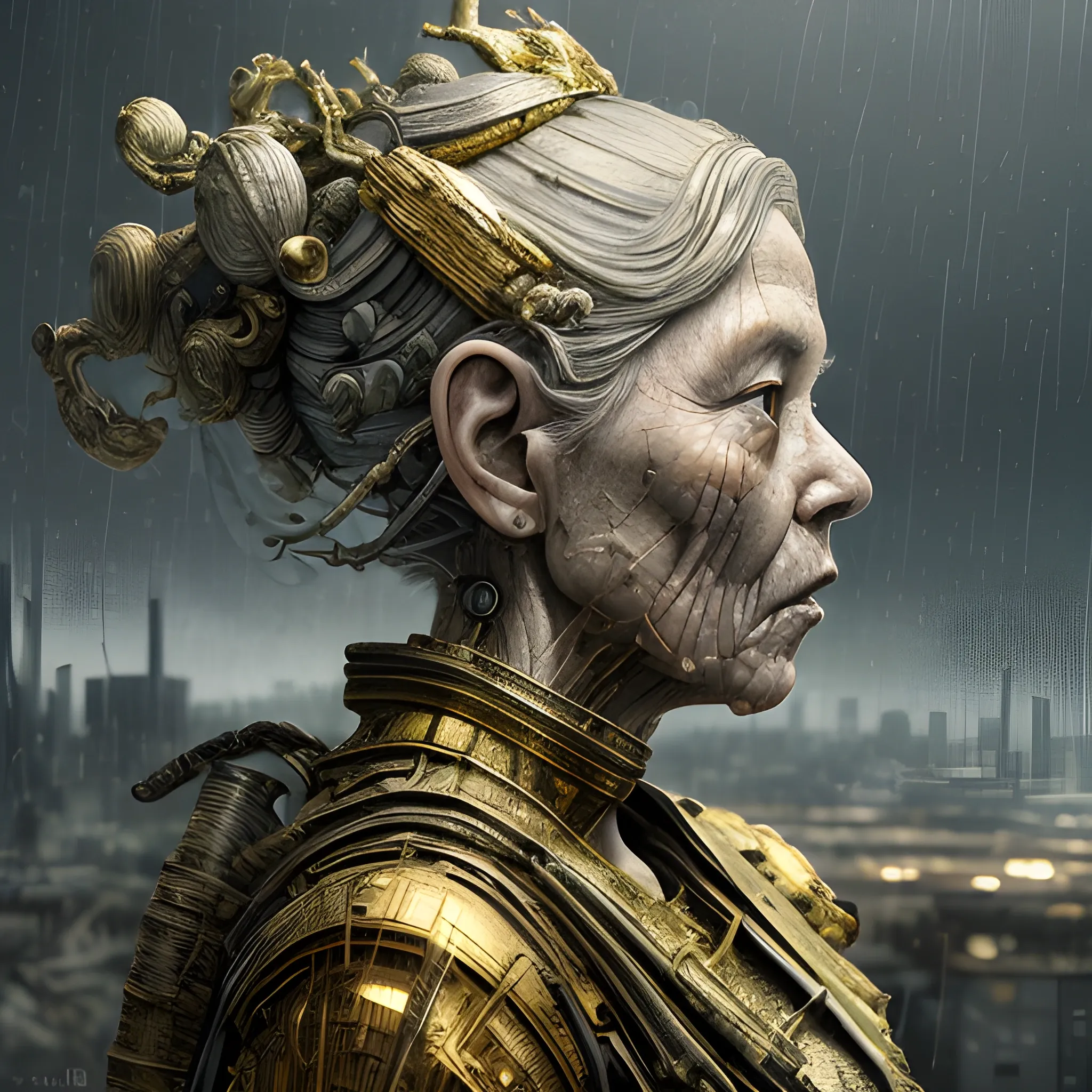 Manabu Ikeda inspired realistic whole body photo of a aged and conversative half-female half-transparent princess posing on a rainy ruins ready for a battle. Her skin is made of gold. The camera angle is a wide. Her legs are visible. Hyper realistic, sharpen details, detailed skin, sharpened eyes, cinematic, intricate details, (gorgeous face:1. 2), masterpiece, full-backside angle, dystopian, microscopic, night, high quality, detailed, masterpiece, best quality, highres, extremely detailed, (8k), radioactive,