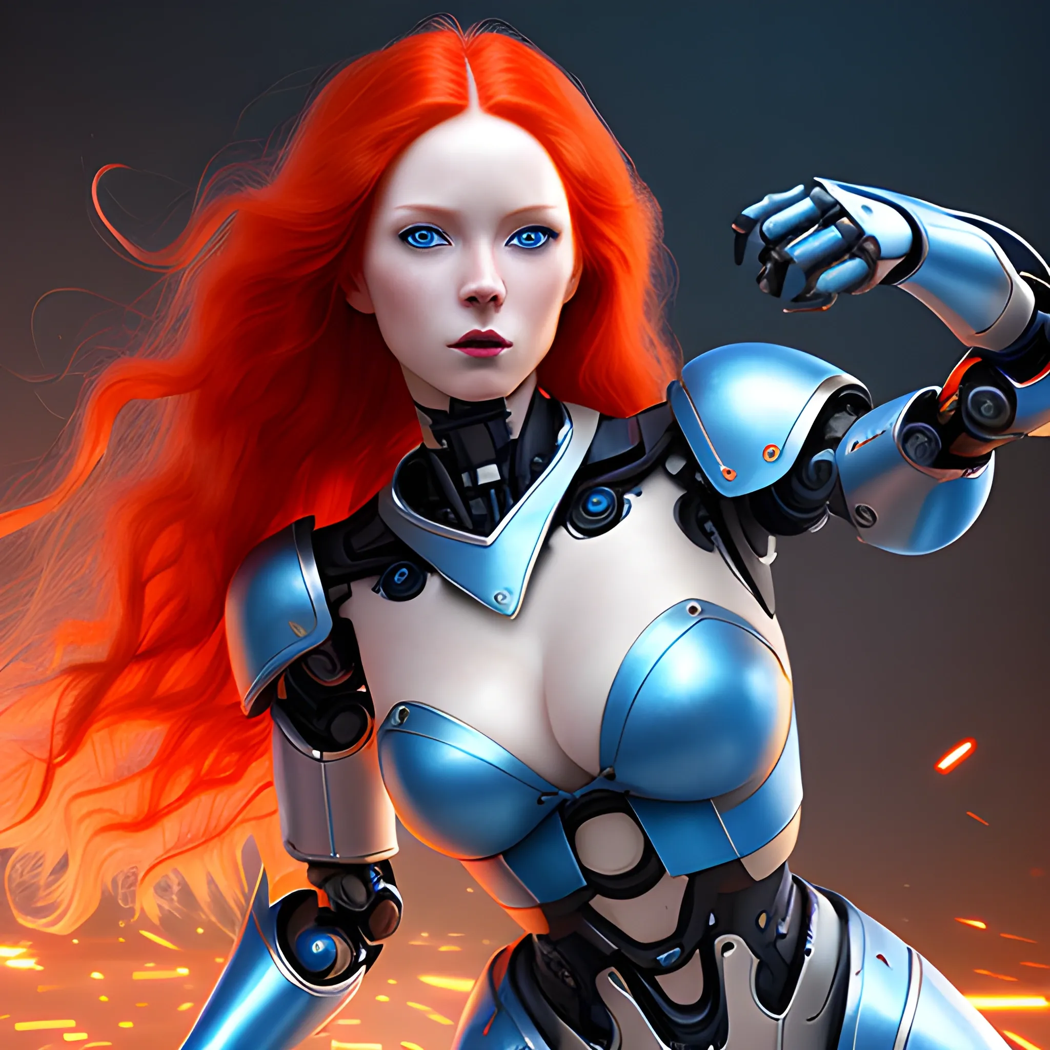 a human type female robot with sexy wardrobe, human face, long red hair, blue eyes, full body escene, battling pose, photorealistic finished, blue armor

