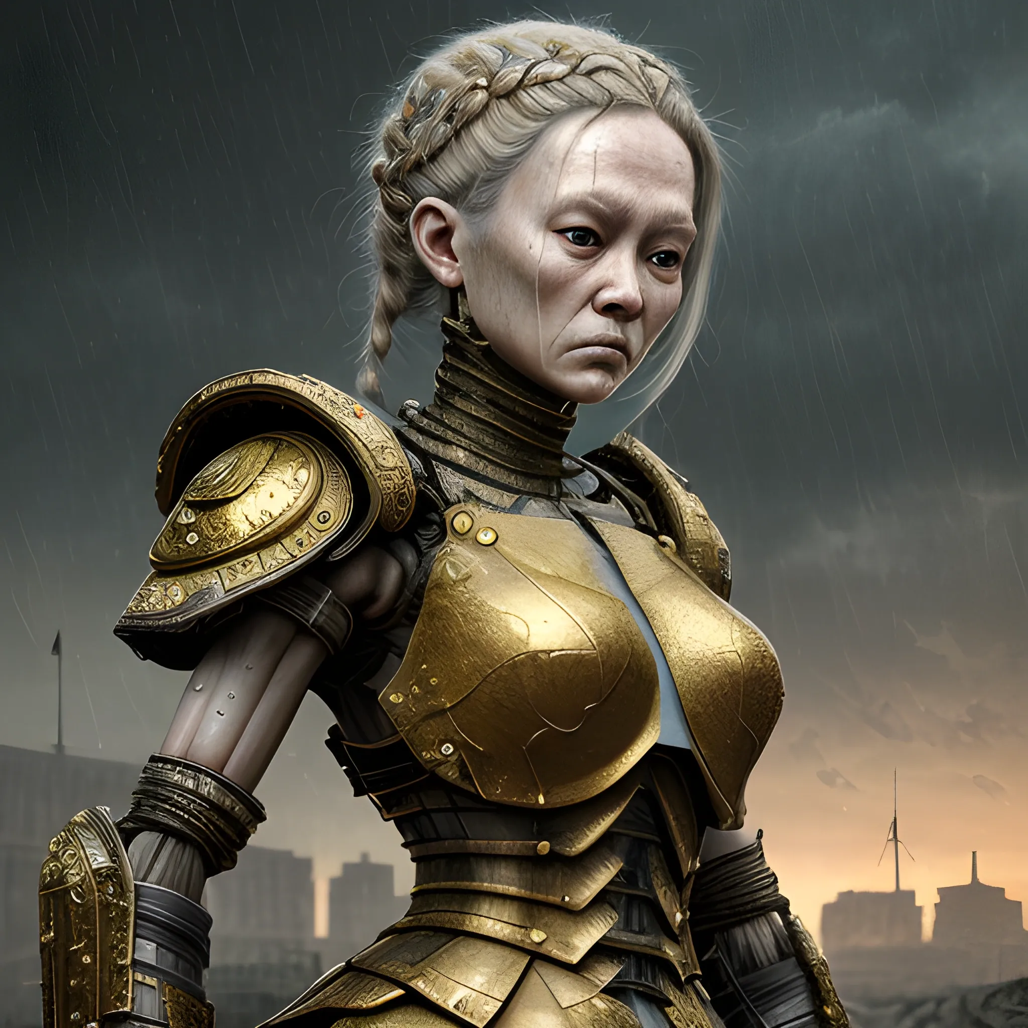 Manabu Ikeda inspired realistic whole body photo of a aged and medieval half-female half-brick princess posing on a rainy ruins ready for a battle. Her skin is made of gold. The camera angle is a wide. Her legs are visible. Hyper realistic, sharpen details, detailed skin, sharpened eyes, cinematic, intricate details, (gorgeous face:1. 2), masterpiece, full-backside angle, dystopian, microscopic, night, high quality, detailed, masterpiece, best quality, highres, extremely detailed, (8k), radioactive,