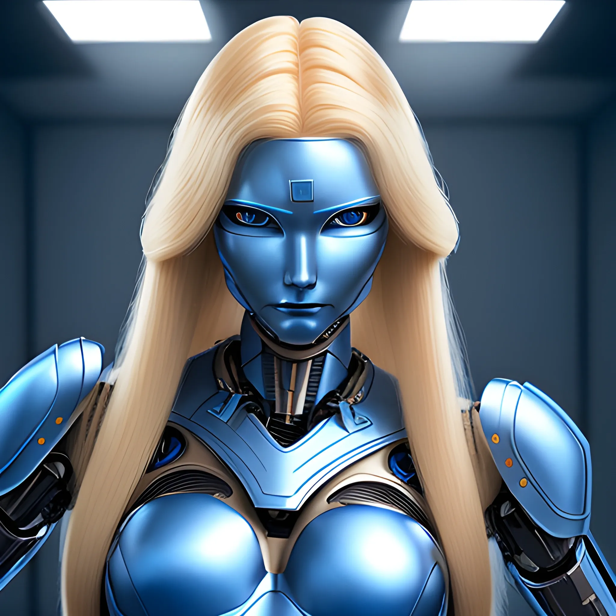 a human type female robot with sexy wardrobe, human face, long blonde hair, blue eyes, full body escene, battling pose, photorealistic finished, blue armor
