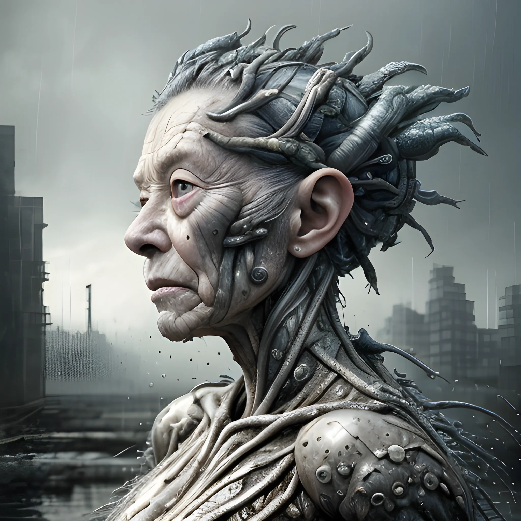 Manabu Ikeda inspired realistic whole body photo of a aged and cyborg half-monster half-water princess posing on a rainy ruins ready for a battle. Her skin is made of rubins whics covers the skin entirely. The camera angle is a wide. Her legs are visible. Hyper realistic, sharpen details, detailed skin, sharpened eyes, cinematic, intricate details, (gorgeous face:1. 2), masterpiece, full-backside angle, dystopian, microscopic, night, high quality, detailed, masterpiece, best quality, highres, extremely detailed, (8k), radioactive,