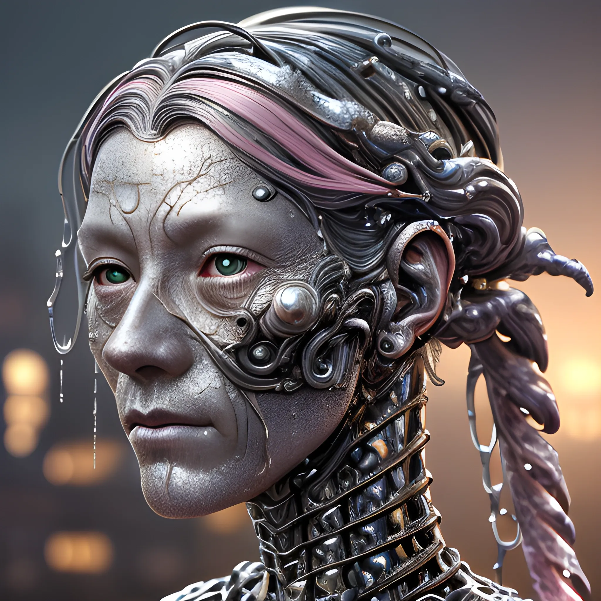 Manabu Ikeda inspired realistic whole body photo of a aged and victorian half-human half-metallic posing on a rainy ruins ready for a battle. Its skin is made of glimmering and pink mercury that covers the skin entirely. The camera angle is a wide. Its legs are visible. Hyper realistic, sharpen details, detailed skin, sharpened eyes, cinematic, intricate details, (gorgeous face:1. 2), masterpiece, full-backside angle, dystopian, microscopic, night, high quality, detailed, masterpiece, best quality, highres, extremely detailed, (8k), (liquid mercury)