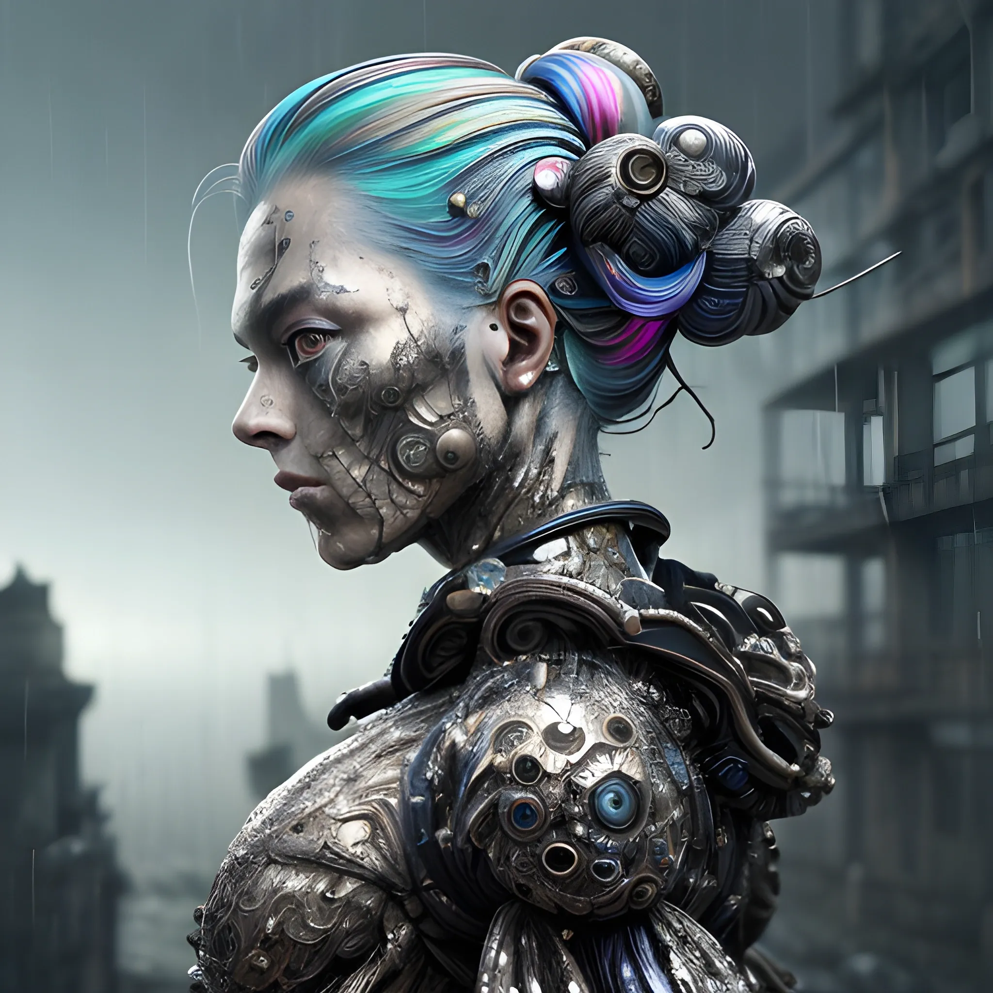 Manabu Ikeda inspired realistic whole body photo of a aged and victorian half-human half-metallic posing on a rainy ruins ready for a battle. Its skin is made of glittering and mercury that covers the skin entirely. Its hair has rainbow coloured details. Eyes are ice blue coloured. The camera angle is a wide. Its legs are visible. Hyper realistic, sharpen details, detailed skin, sharpened eyes, cinematic, intricate details, (gorgeous face:1. 2), masterpiece, full-backside angle, dystopian, microscopic, night, high quality, detailed, masterpiece, best quality, highres, extremely detailed, (8k), (liquid mercury), pins,