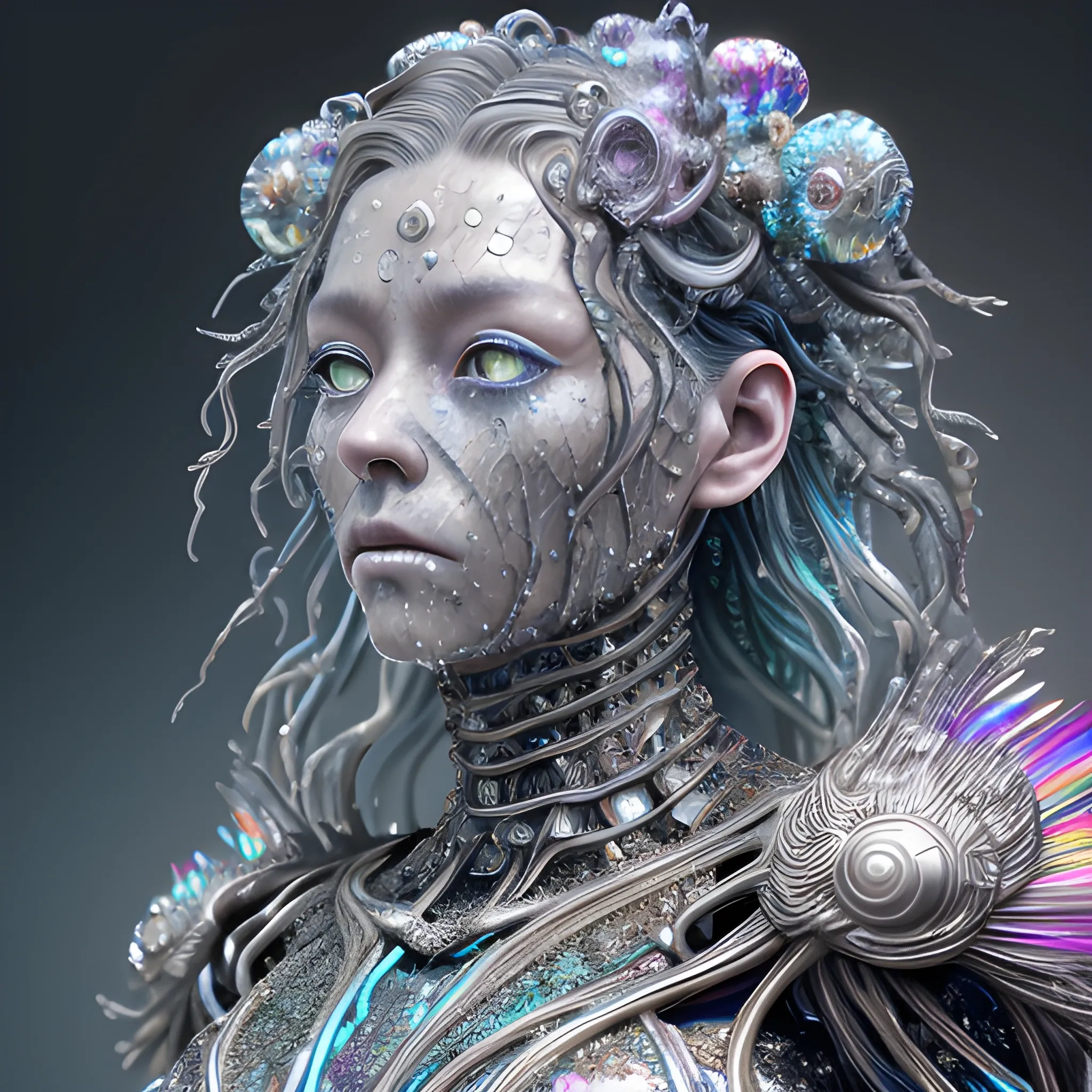 Manabu Ikeda inspired realistic whole body photo of a aged and victorian half-human half-metallic posing on a magical hall made of crystals. Its ready for a battle. Its skin is made of glittering and mercury that covers the skin entirely. Its hair has rainbow coloured details. Eyes are ice blue coloured. The camera angle is a wide. Its legs are visible. Hyper realistic, sharpen details, detailed skin, sharpened eyes, cinematic, intricate details, (gorgeous face:1. 2), masterpiece, full-backside angle, dystopian, microscopic, night, high quality, detailed, masterpiece, best quality, highres, extremely detailed, (8k), (liquid mercury), pins,