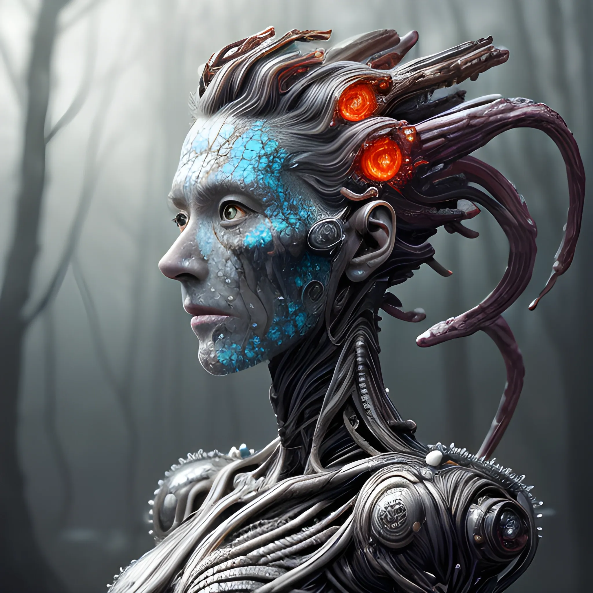 Manabu Ikeda inspired realistic whole body photo of a aged and victorian half-human half-metallic posing on a  futuristic forest. Its ready for a battle. Its skin is made of red magma that covers the skin entirely. Its hair has rainbow coloured details. Its eyes are ice blue coloured. The camera angle is a wide. Its legs are visible. Hyper realistic, sharpen details, detailed skin, sharpened eyes, cinematic, intricate details, (gorgeous face:1. 2), masterpiece, full-backside angle, dystopian, microscopic, night, high quality, detailed, masterpiece, best quality, highres, extremely detailed, (8k), (liquid mercury), circuits,