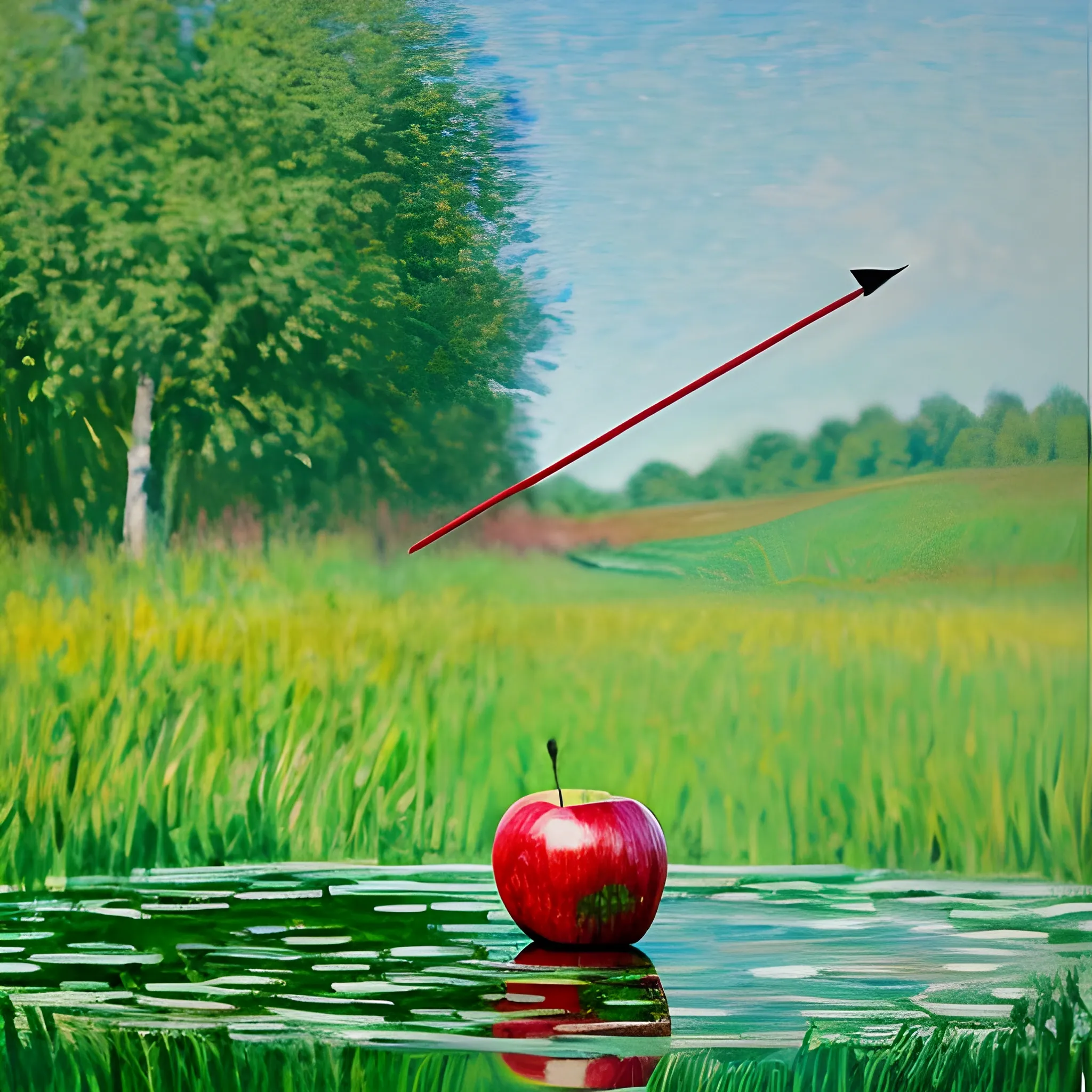 apple being shot by an arrow in the style of Monet