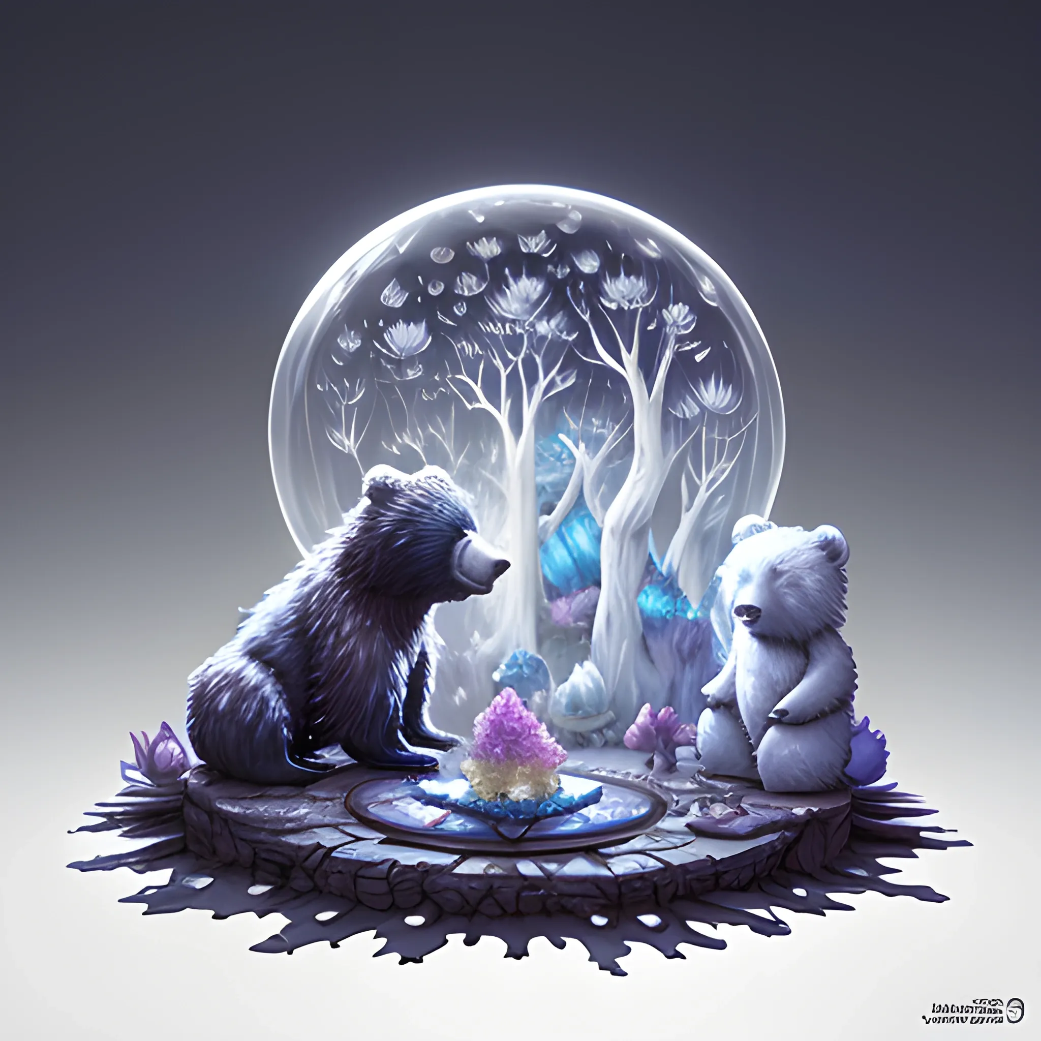 nonexistent bears, crystal lighting, mystical, forest, hyper realistic, 4k, unreal engine, magical, by joe fenton, by greg rutkowski, by greg tocchini, by kaws, by kate beaton, trippy, watercolor, 3d, 